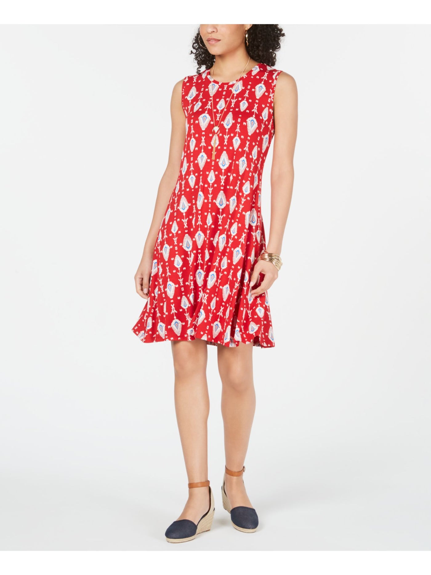 STYLE & COMPANY Womens Red Printed Sleeveless Above The Knee Dress Size: XS