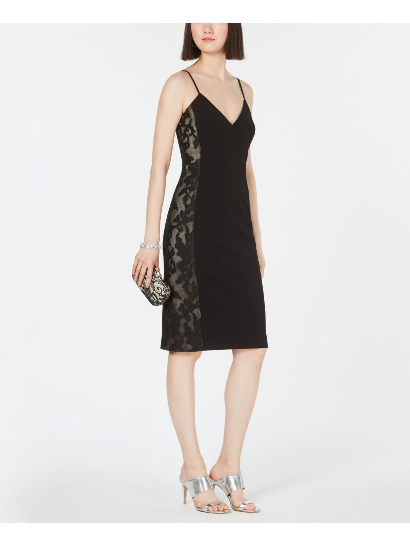 VINCE CAMUTO Womens Black Lace Inset Sleeveless V Neck Knee Length Cocktail Body Con Dress 4