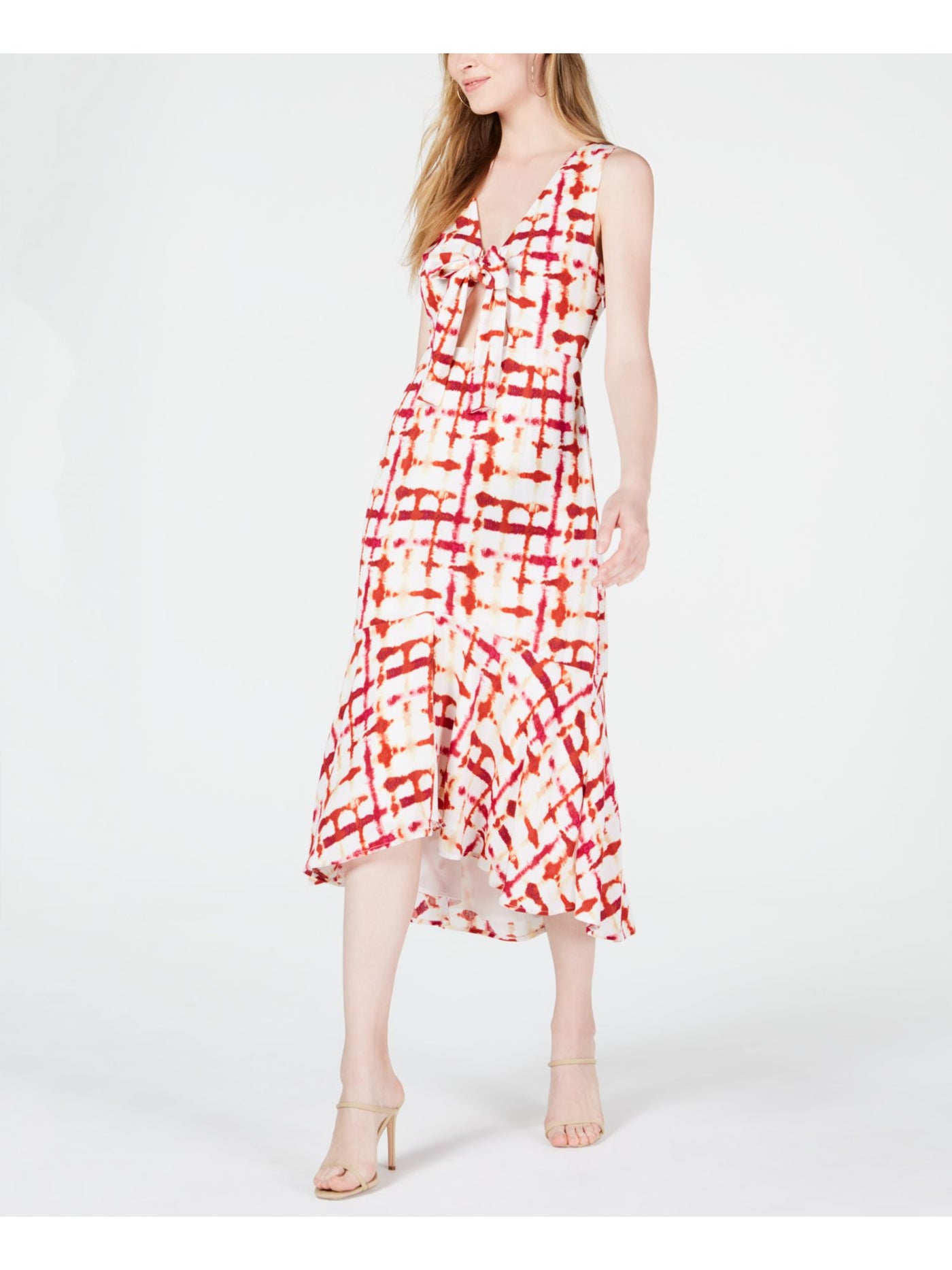 LEYDEN Womens Red Printed Sleeveless Tea-Length Sheath Dress Juniors Size: XL