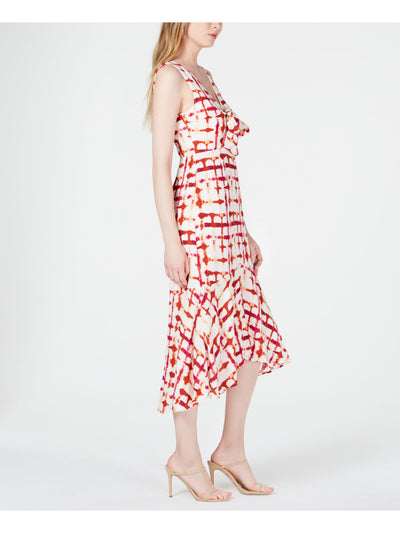 LEYDEN Womens Red Printed Sleeveless Tea-Length Sheath Dress Juniors Size: XL