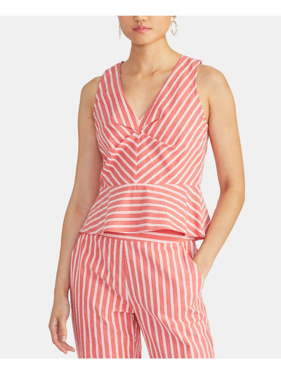 RACHEL ROY Womens Coral Ruched Front Striped Sleeveless V Neck Top Size: 0