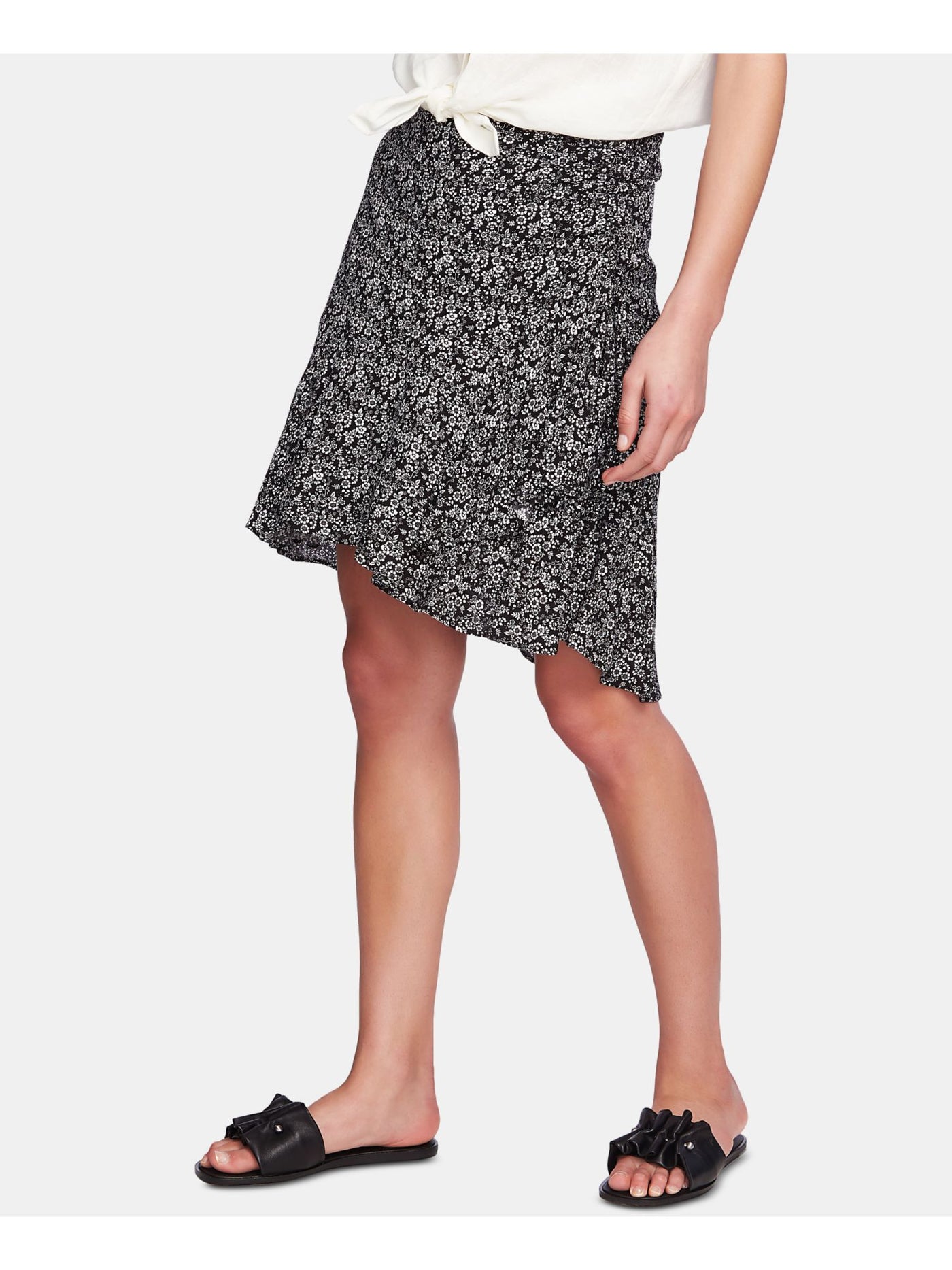 1. STATE Womens Black Ruched Floral Knee Length Hi-Lo Skirt Size: 10