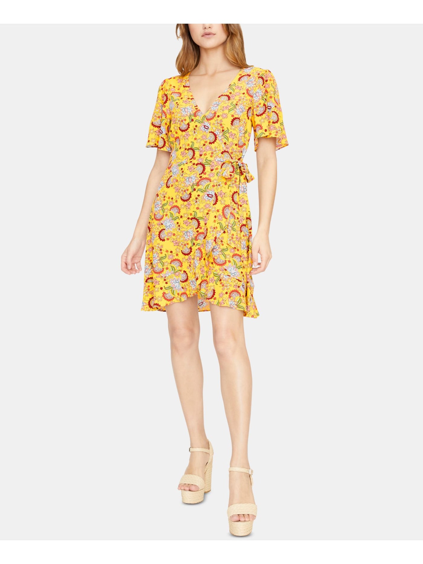 SANCTUARY Womens Yellow Belted Floral Short Sleeve V Neck Mini Wrap Dress 10