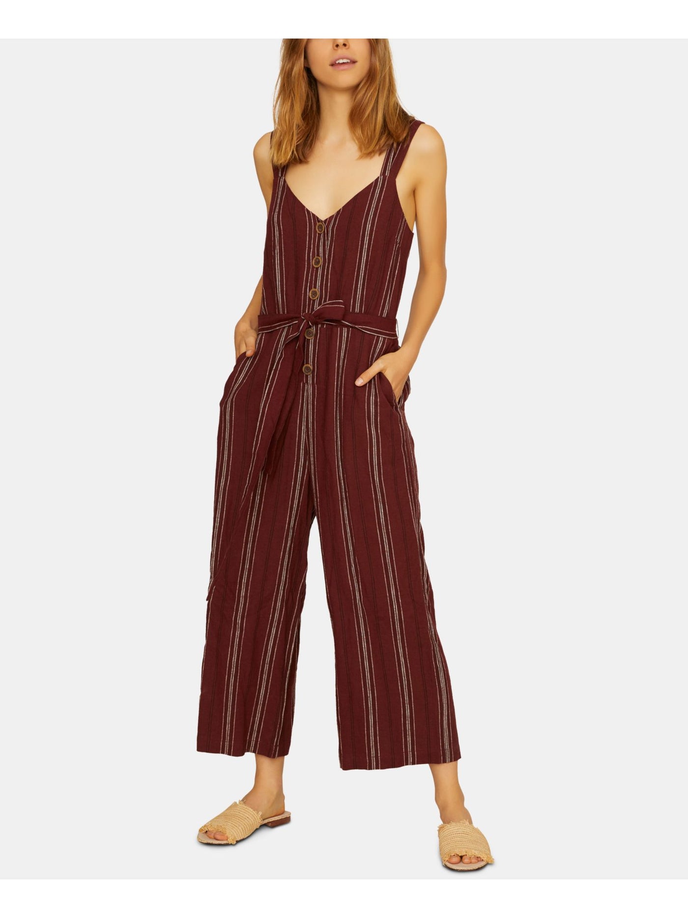 SANCTUARY Womens Brown Striped Sleeveless V Neck Wide Leg Jumpsuit XL