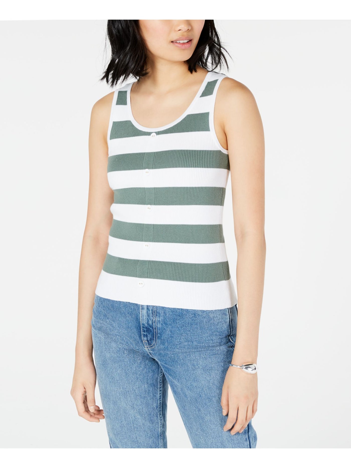MAISON JULES Womens Green Striped Sleeveless Scoop Neck Top Size: XL
