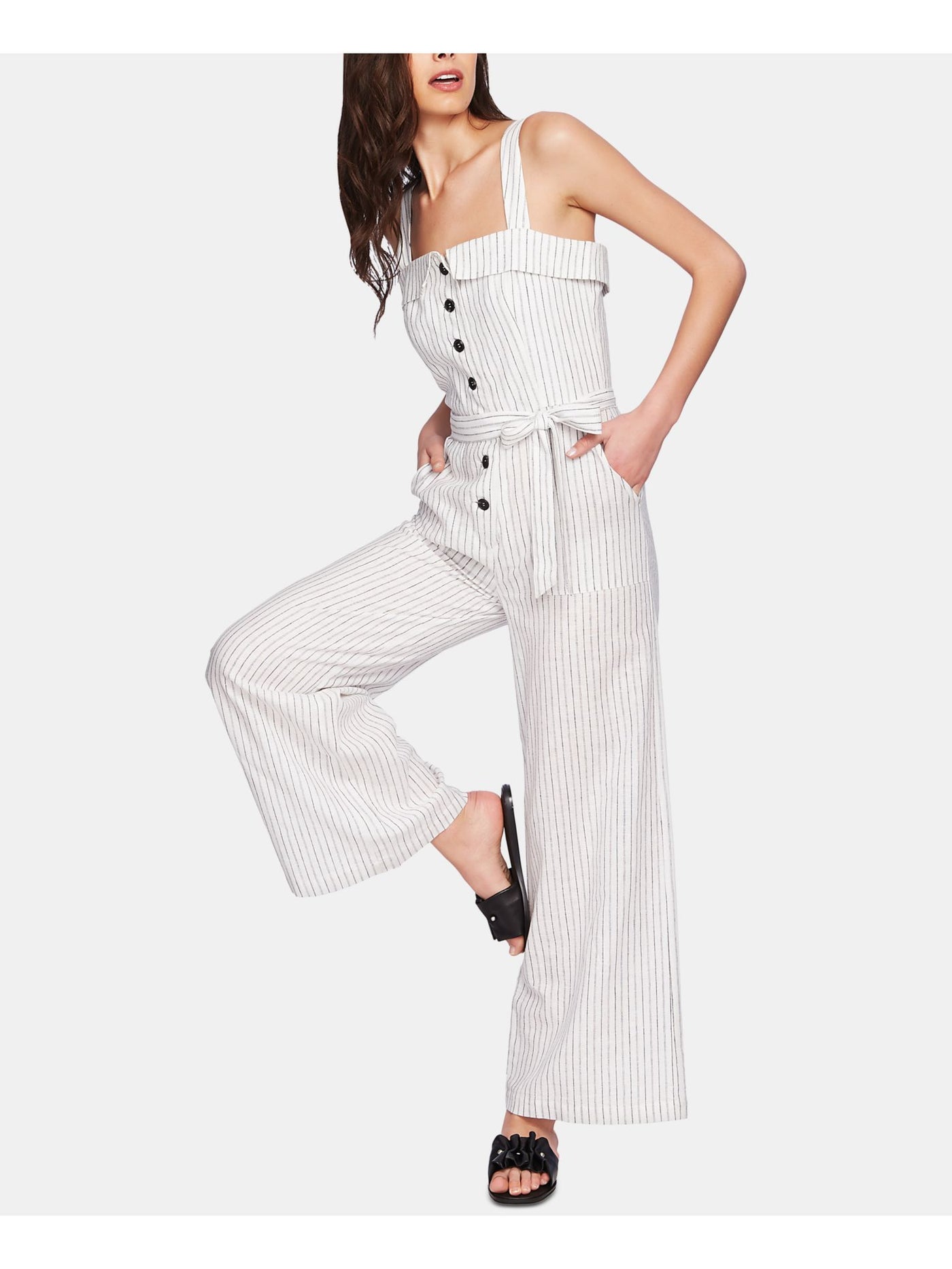 1. STATE Womens White Pocketed Button-front Striped Square Neck Wide Leg Jumpsuit 8