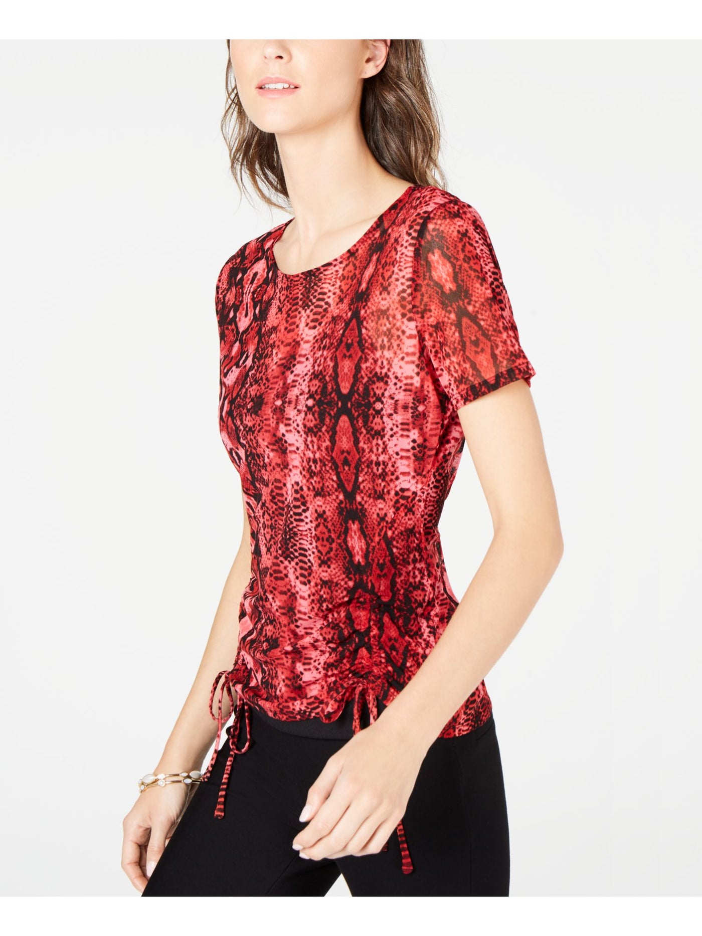 INC Womens Red Ruched Printed Short Sleeve Jewel Neck Top Size: XS