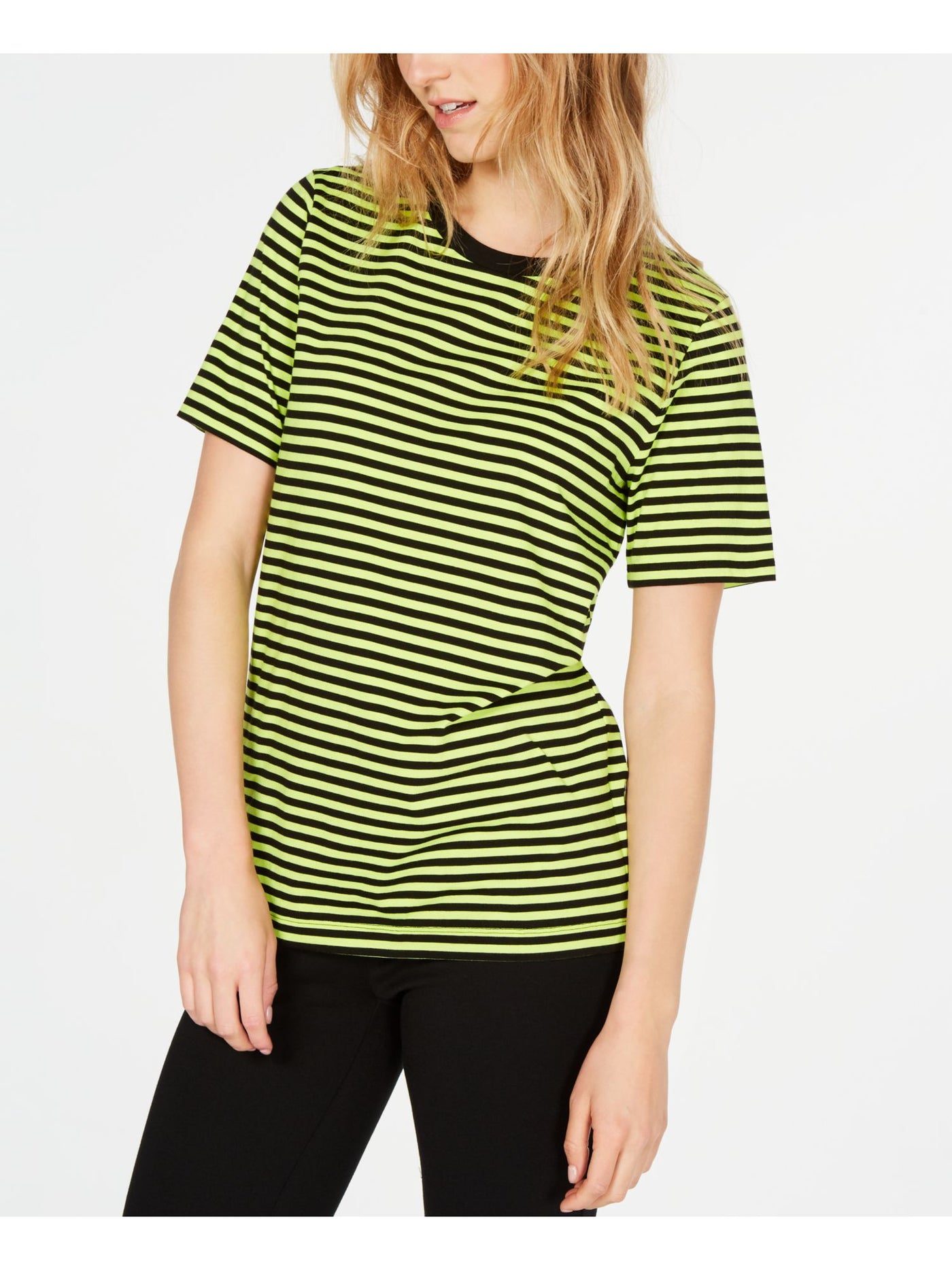 MICHAEL KORS Womens Green Striped Short Sleeve Crew Neck T-Shirt 2XS