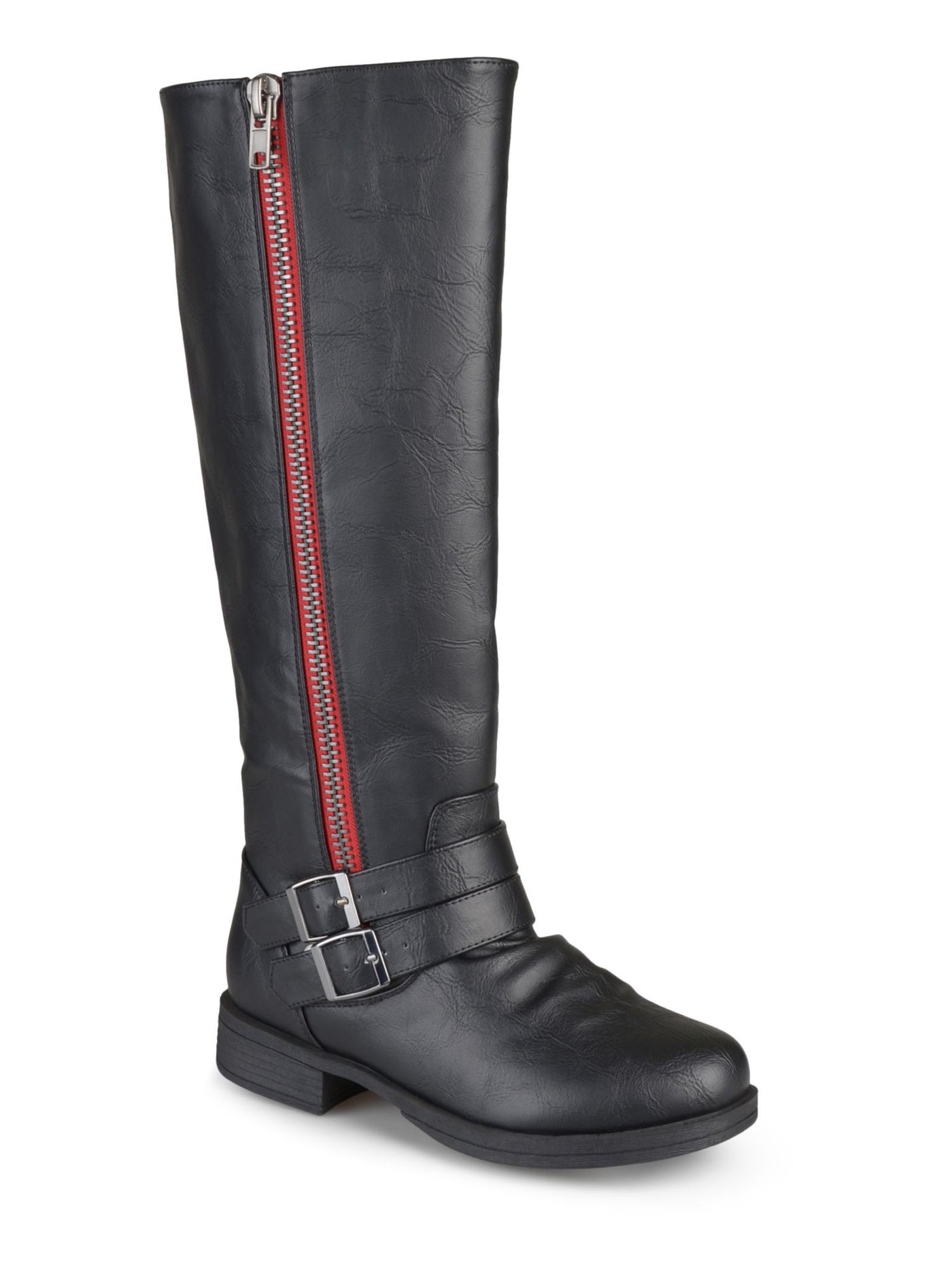 JOURNEE COLLECTION Womens Black Buckle Accent Lady Round Toe Block Heel Zip-Up Riding Boot 8