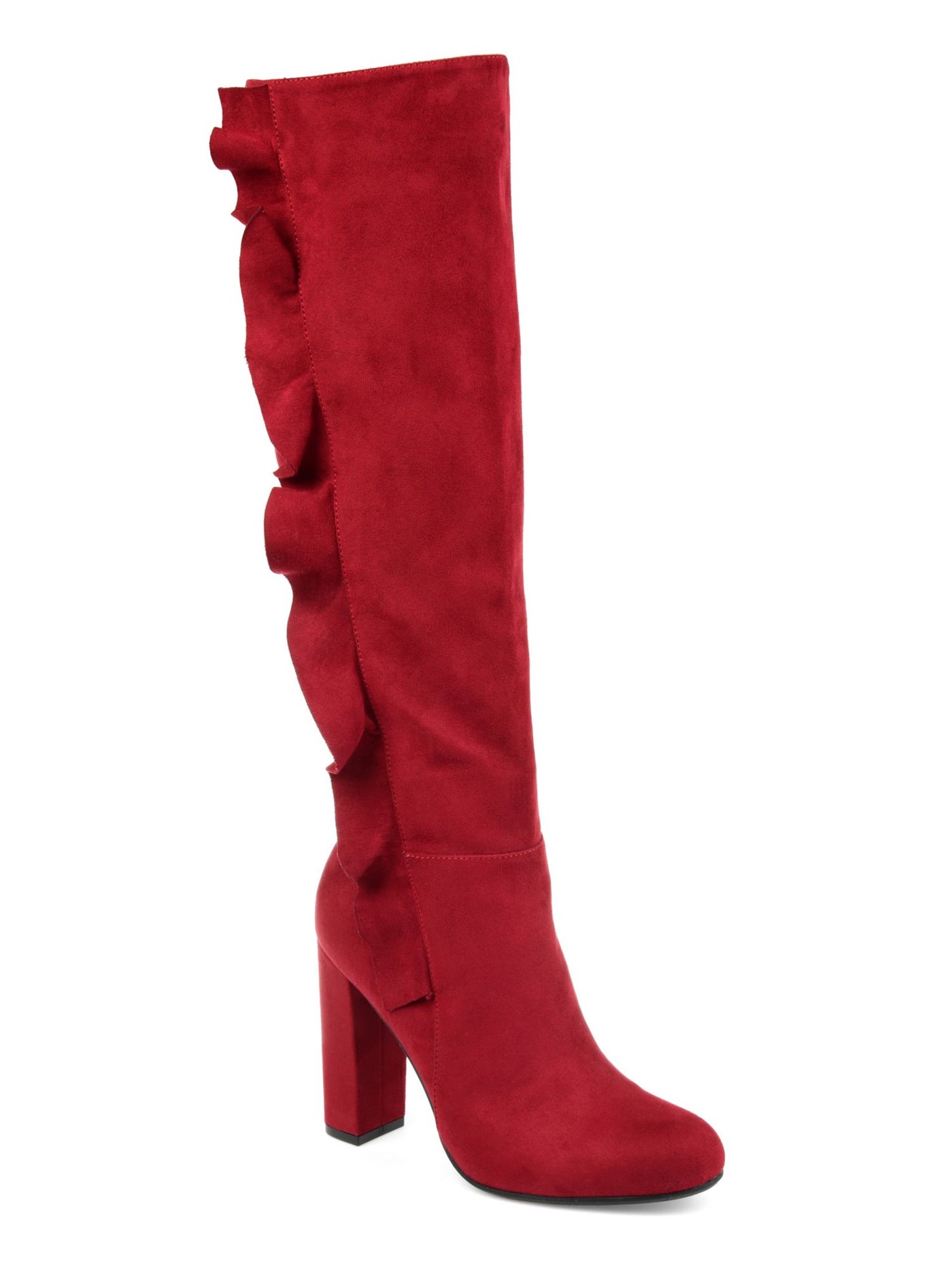 JOURNEE COLLECTION Womens Red Side Ruffle Detail Cushioned Vivian Round Toe Block Heel Zip-Up Dress Boots 7.5