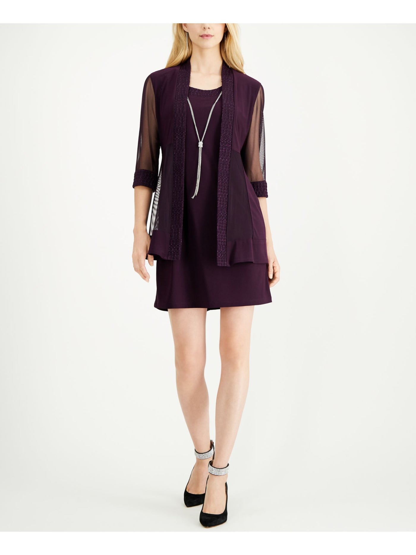 R&M RICHARDS Womens Purple Stretch Sheer Textured Glitter 3/4 Sleeve Open Front Evening Blazer Jacket Petites 12P
