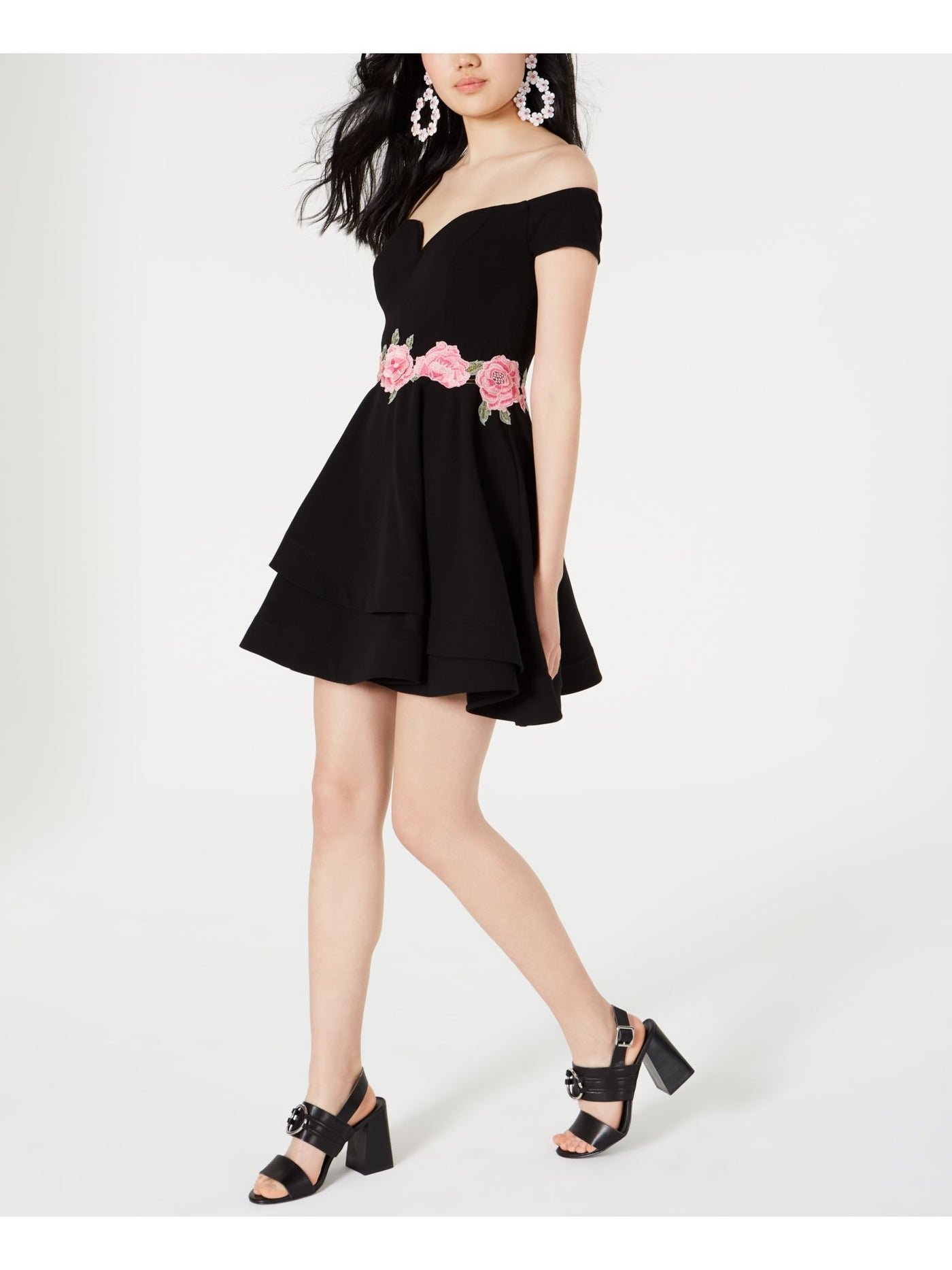 B DARLIN Womens Black Floral Sleeveless Off Shoulder Short Evening Fit + Flare Dress Juniors 7\8