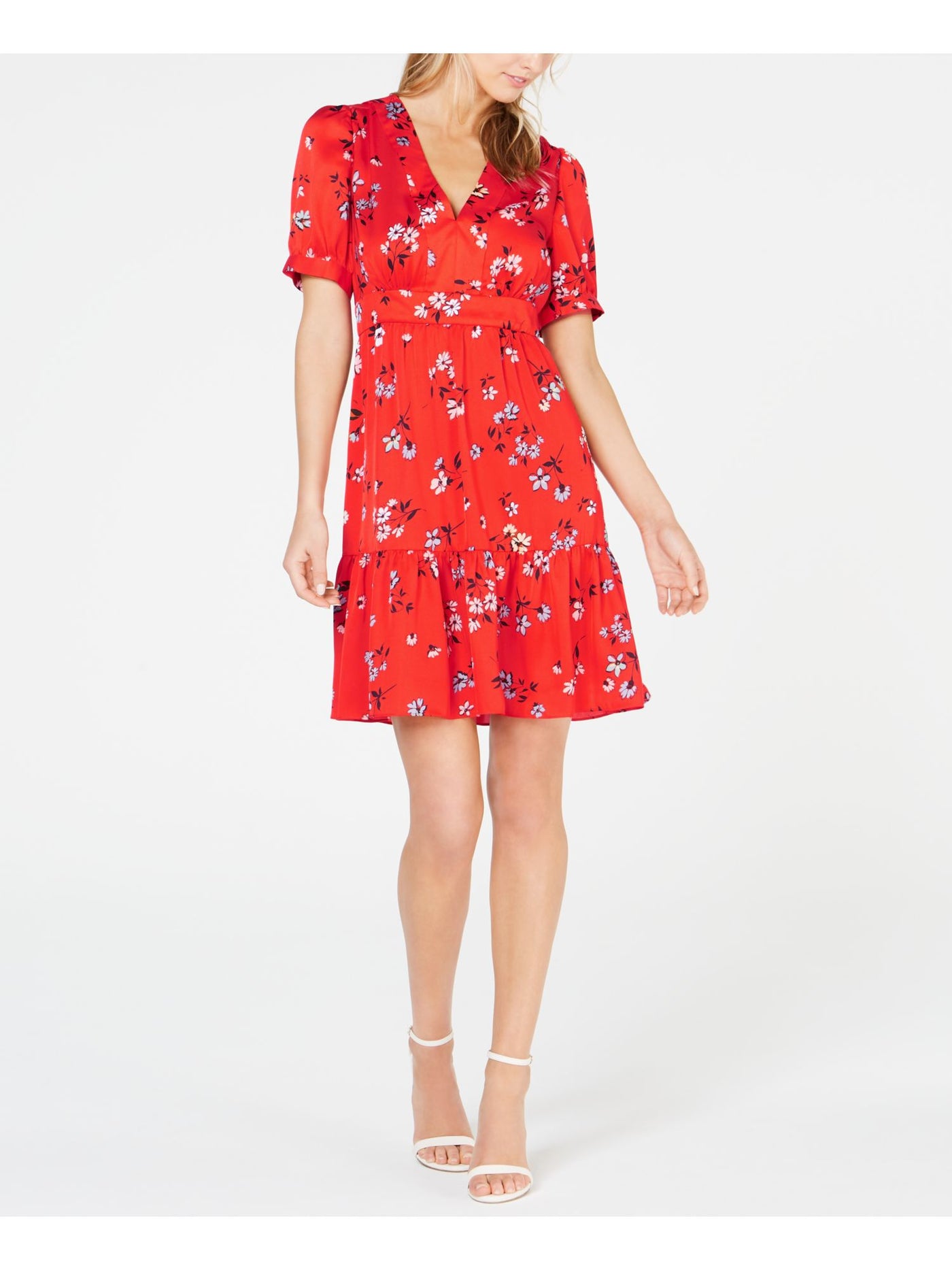 JILL STUART Womens Red Ruffled Floral V Neck Mini Shift Dress Size: 2