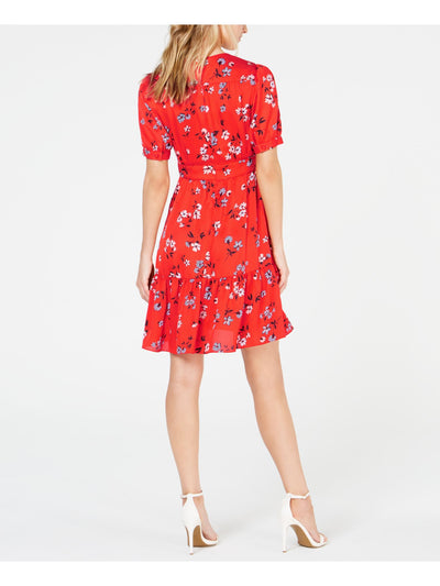 JILL STUART Womens Red Ruffled Floral V Neck Mini Shift Dress Size: 2