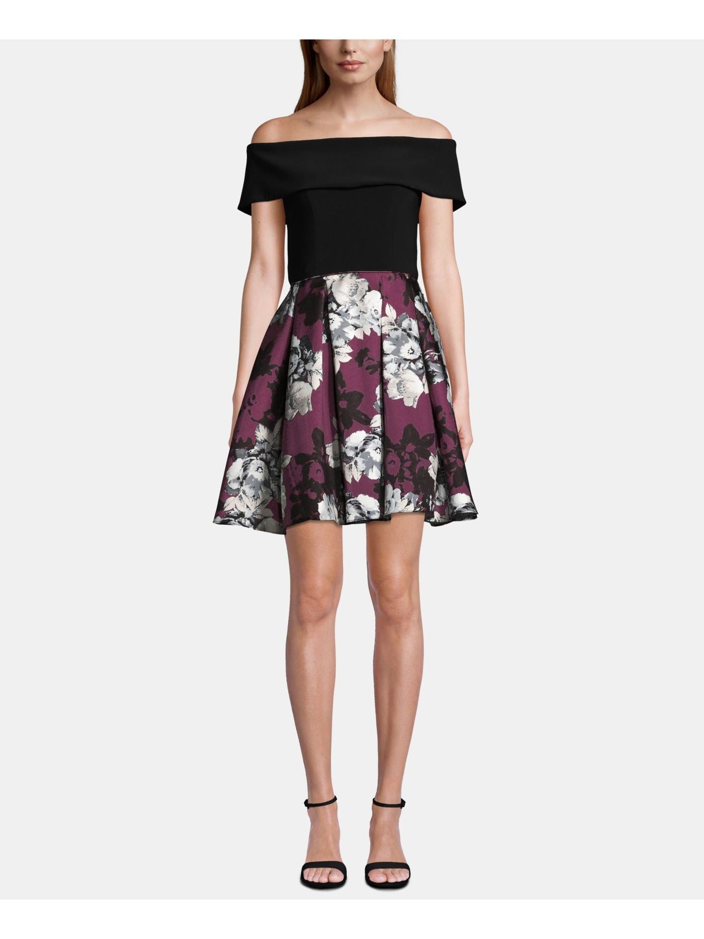 BETSY & ADAM Womens Black Floral Short Sleeve Off Shoulder Mini Formal Fit + Flare Dress 10