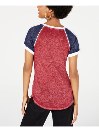 CRAVE FAME Womens Maroon Stretch Raglan  Rounded Hem Relaxed Fit Color Block Short Sleeve Tie Neck T-Shirt Juniors L