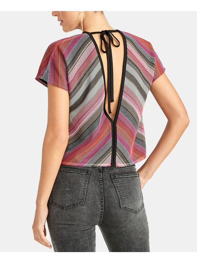 RACHEL ROY Womens Pink Striped Short Sleeve V Neck Top Size: L