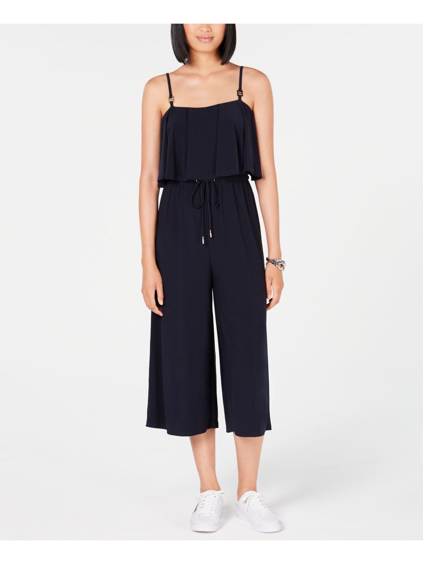 TOMMY HILFIGER Womens Navy Stretch Tie Popover Cropped Spaghetti Strap Square Neck Evening Wide Leg Jumpsuit M