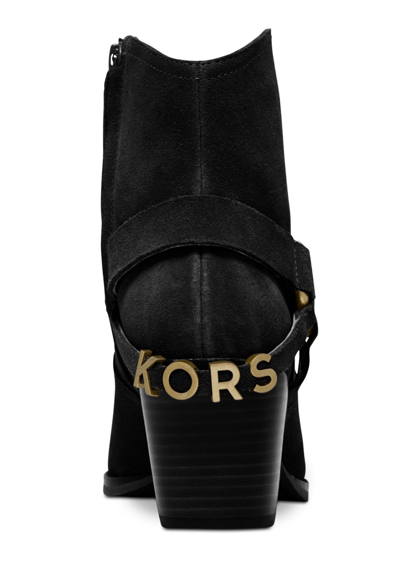 MICHAEL KORS Womens Black Metallic Ring Accent Padded Logo Strappy Goldie Almond Toe Block Heel Zip-Up Leather Booties 6 M