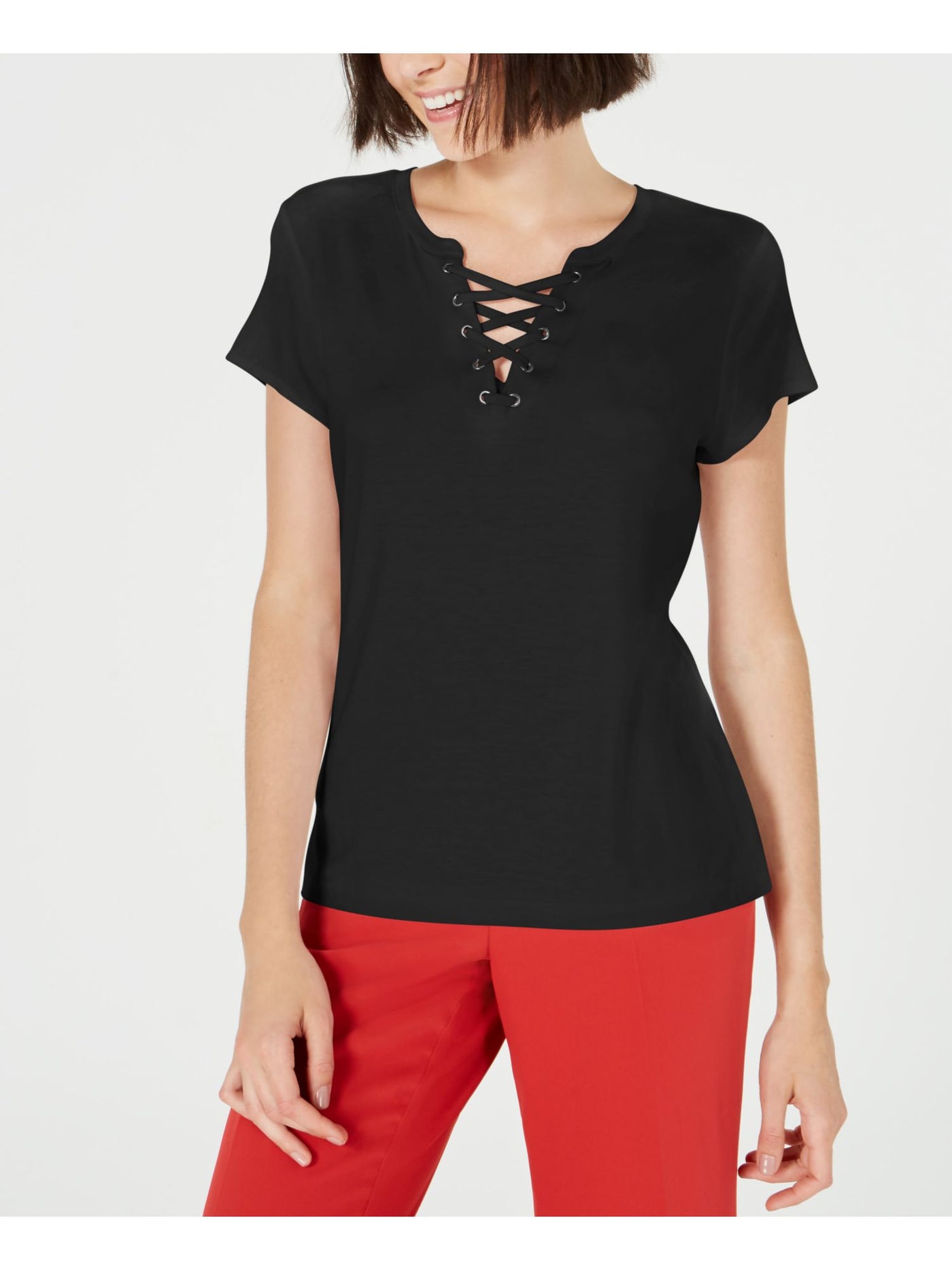 BAR III Womens Black Lace-up Short Sleeve V Neck T-Shirt Size: XS