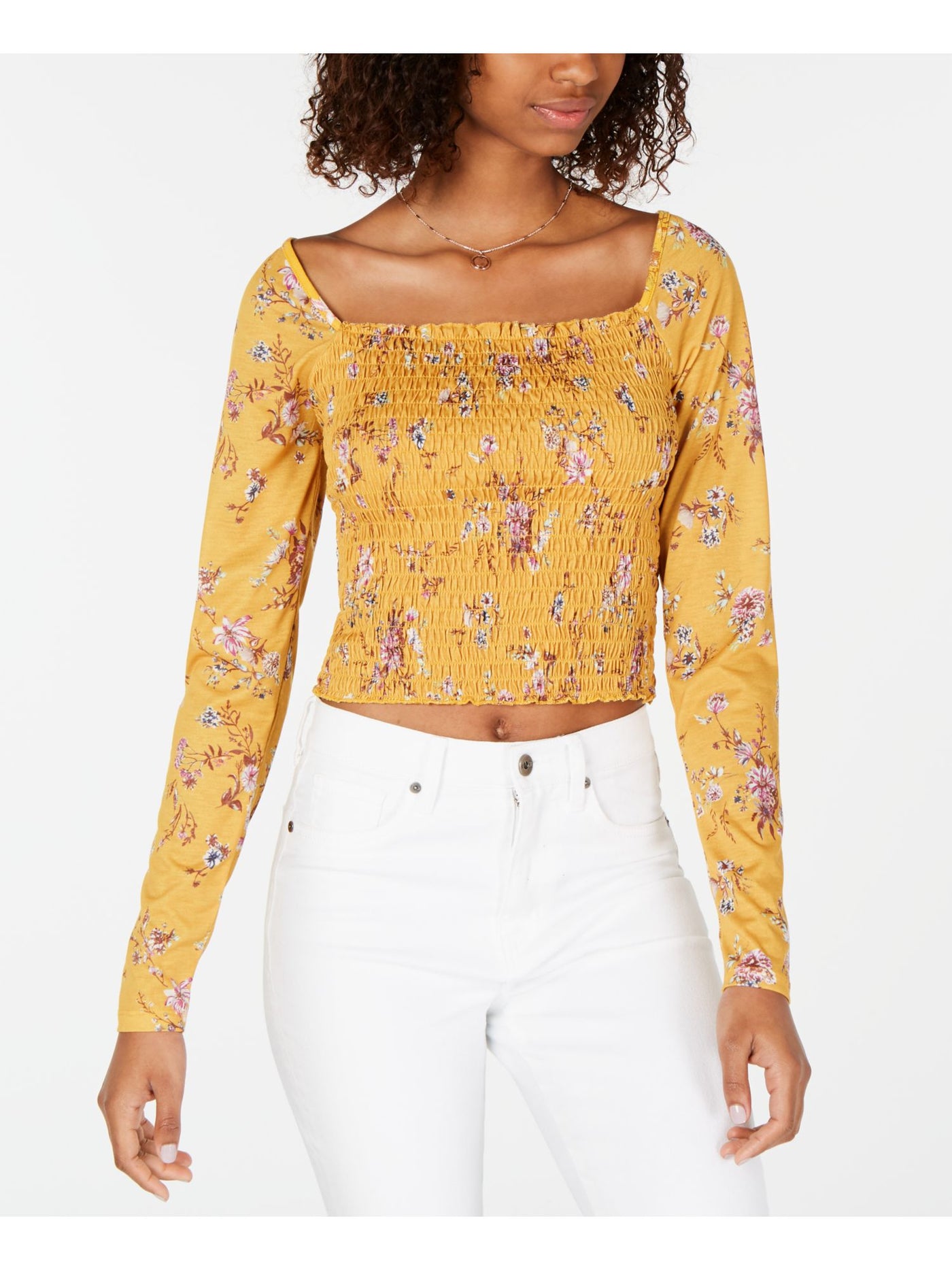 LOVE FIRE Womens Gold Floral 3/4 Sleeve Square Neck Top Size: SP
