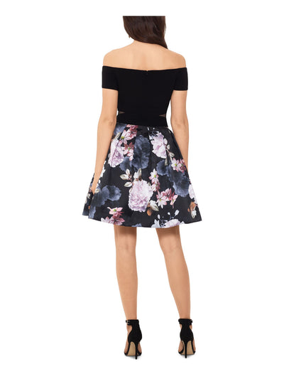 XSCAPE Womens Black Floral Off Shoulder Knee Length Evening Dress Size: 2