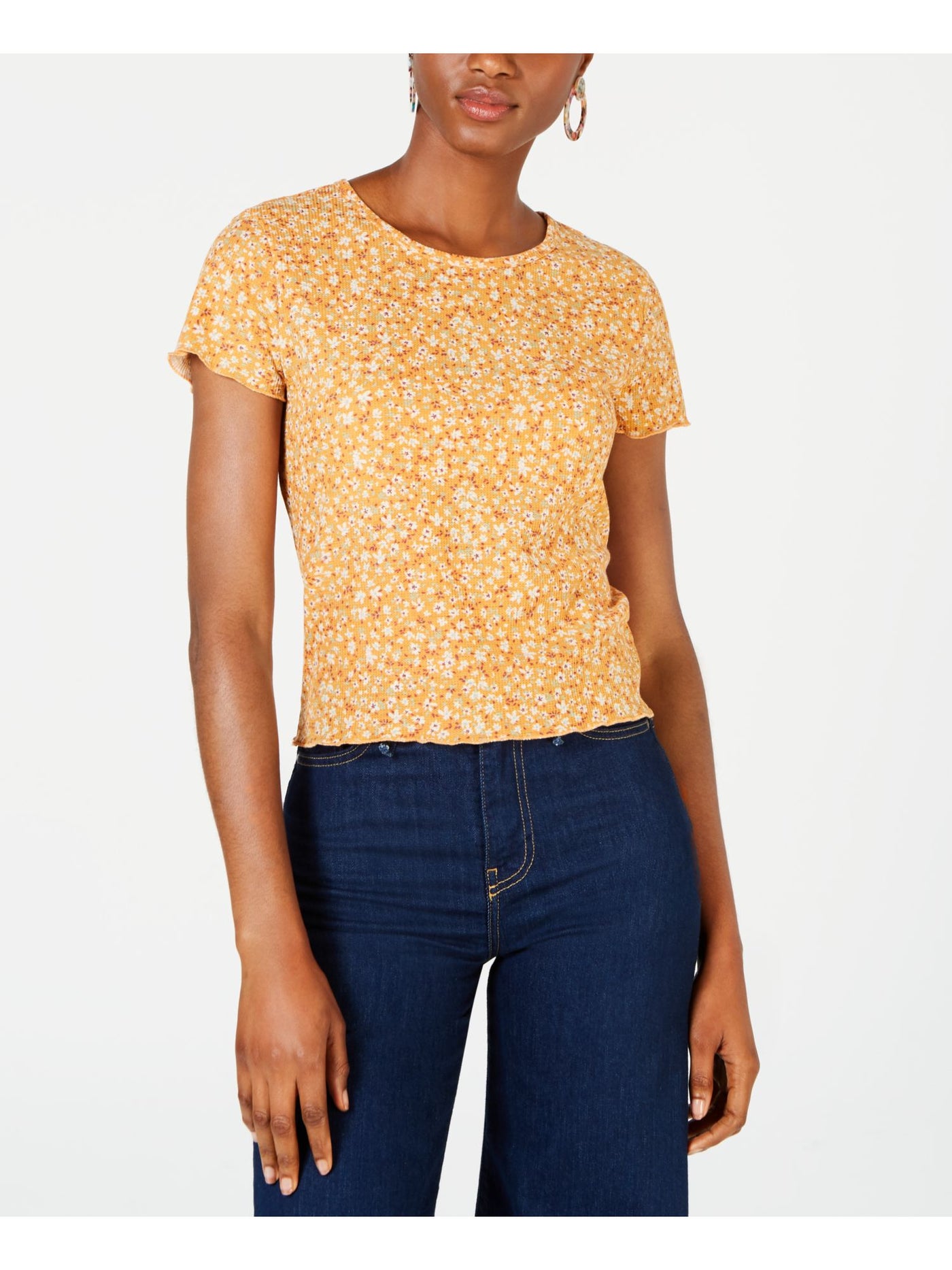 SELF E Womens Yellow Floral Short Sleeve T-Shirt Juniors Size: XL