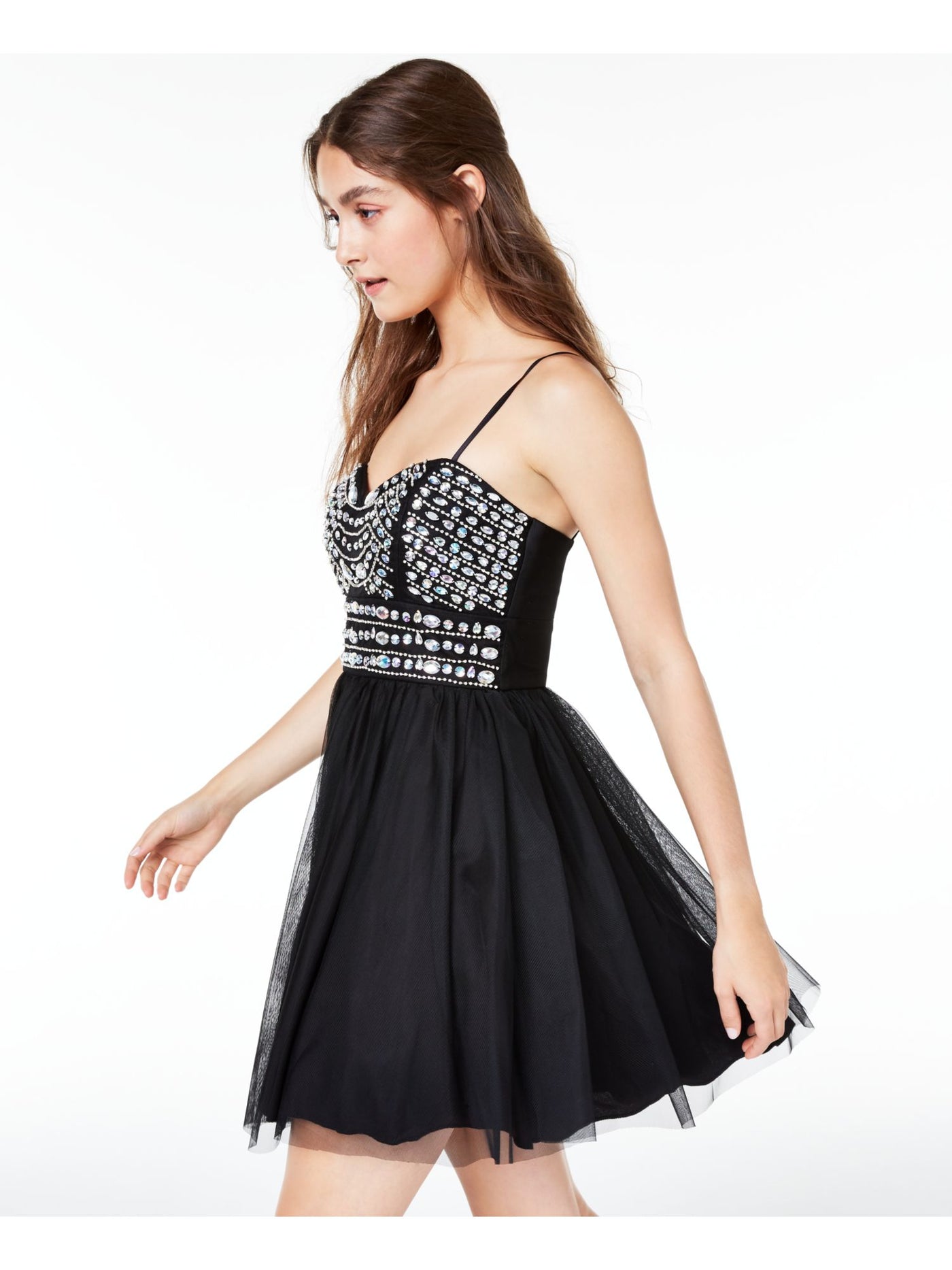 TRIXXI Womens Black Spaghetti Strap Mini Fit + Flare Party Dress Juniors 7