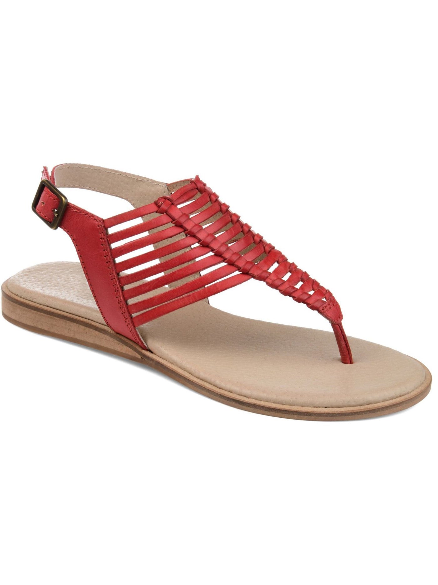 JOURNEE SIGNATURE Womens Red Wedge Fishbone Detail Traction Sole Cushioned Adjustable Strap Davis Round Toe Wedge Buckle Leather Slingback Sandal 7 M