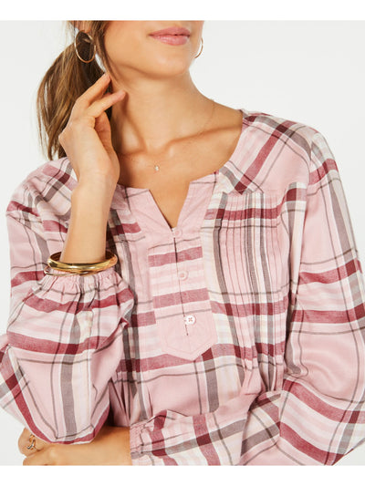 STYLE & COMPANY Womens Pink Plaid Long Sleeve Split Top XS