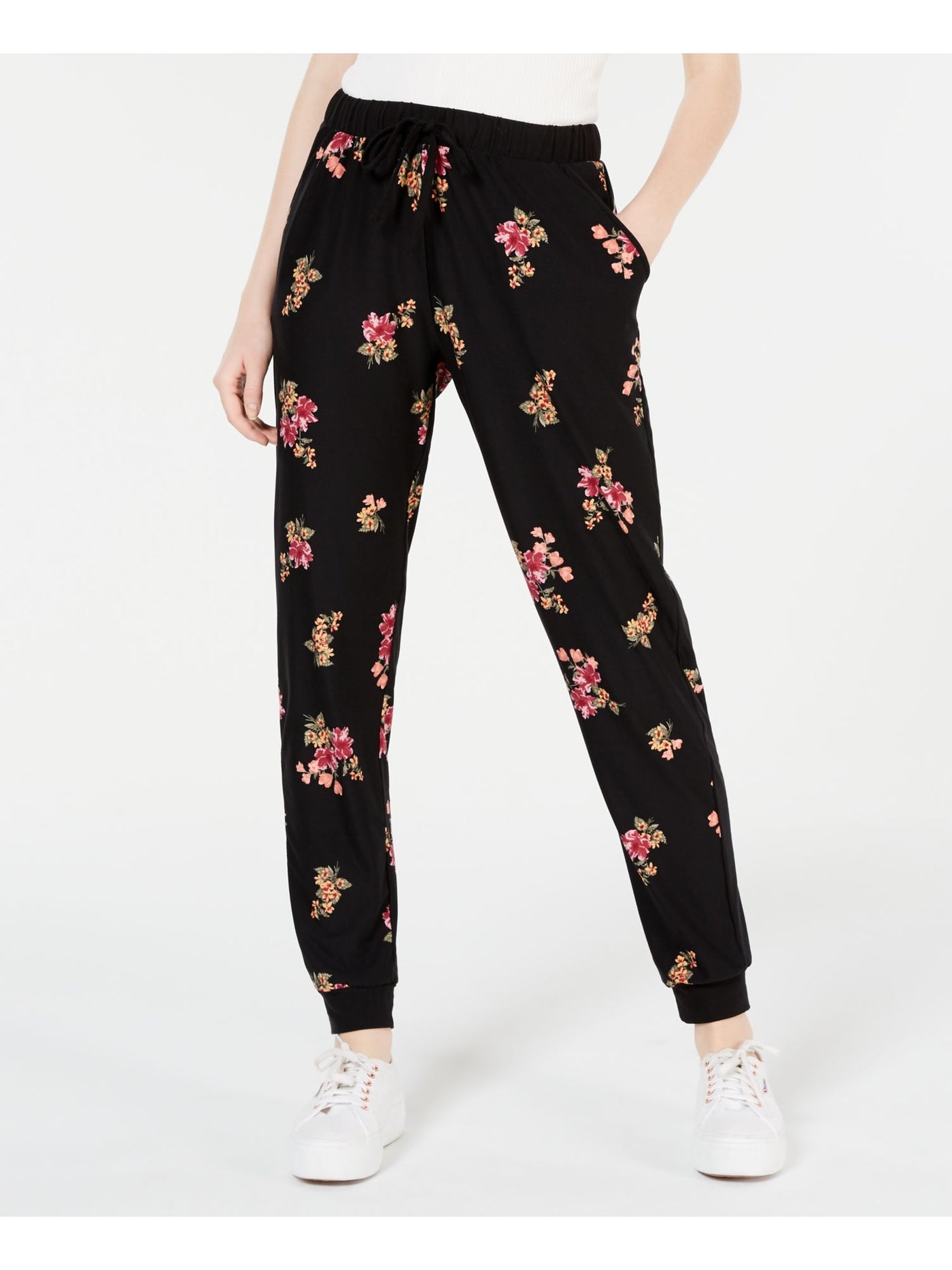 HIPPIE ROSE Womens Black Stretch Pocketed Tie Floral Cuffed Pants Juniors S