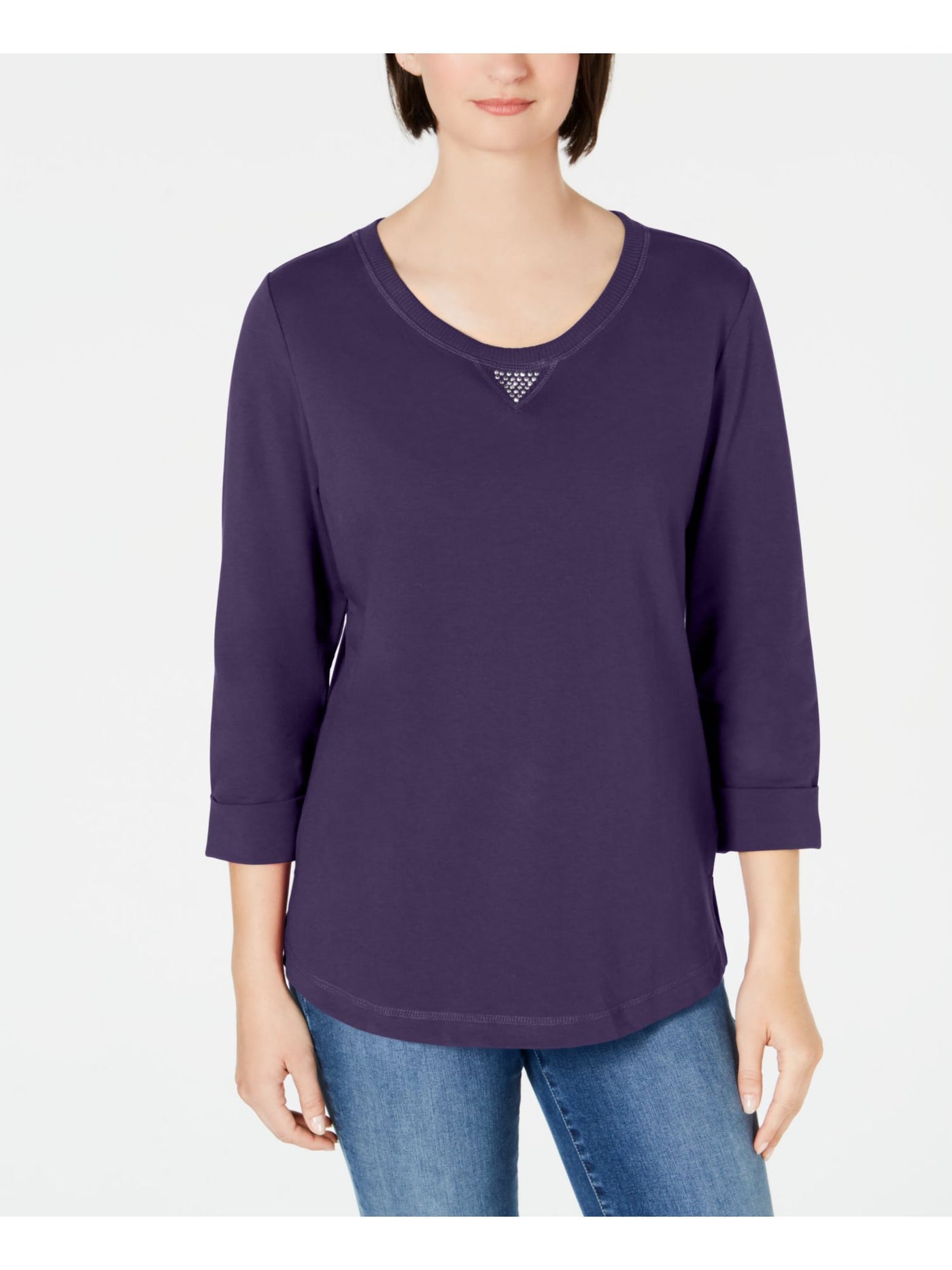 KAREN SCOTT Womens Purple 3/4 Sleeve Scoop Neck Active Wear Sweater Size: S