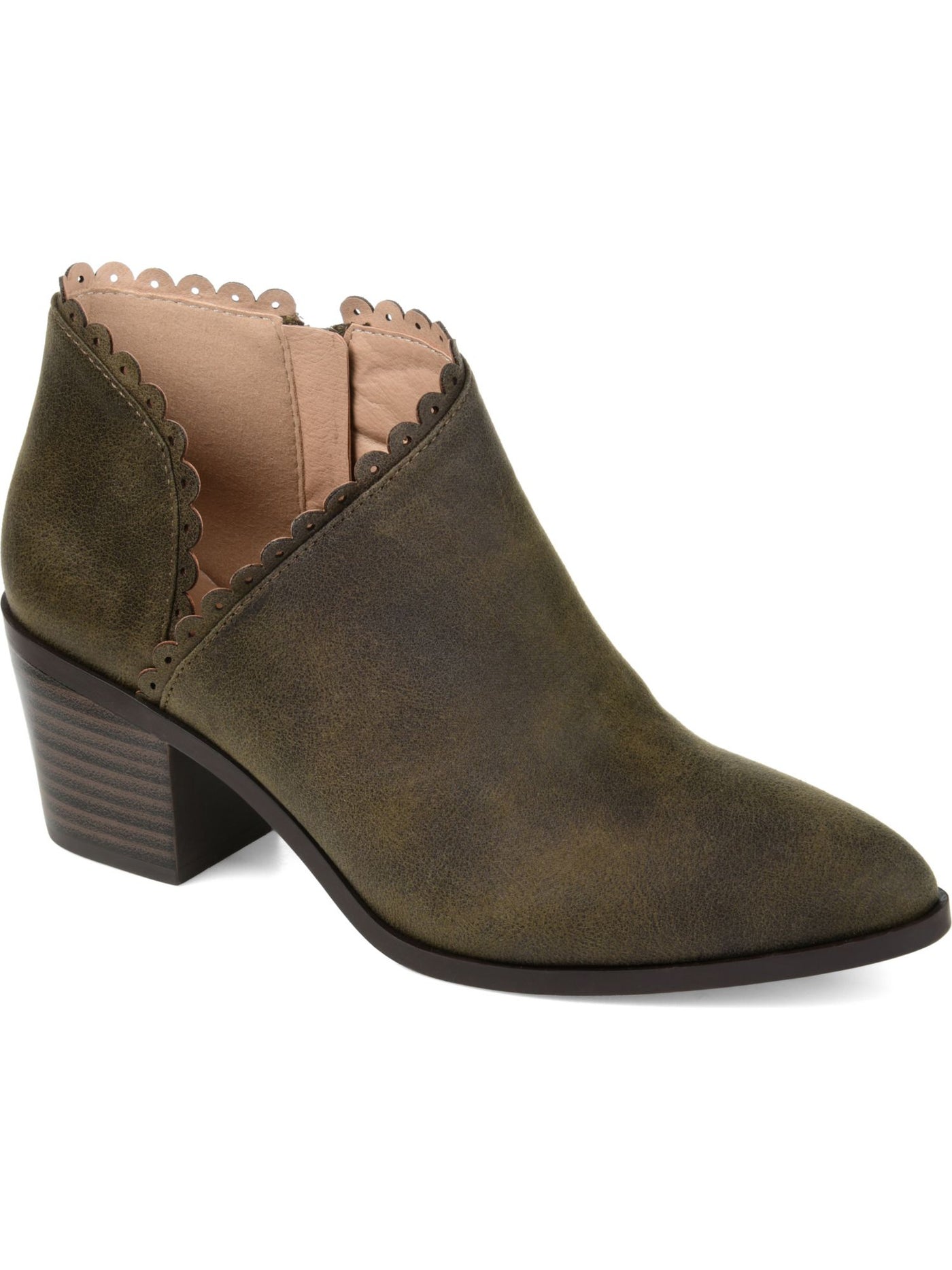 JOURNEE COLLECTION Womens Olive Green Lightly Padded Asymmetrical Scalloped Tessa Almond Toe Stacked Heel Zip-Up Booties 8