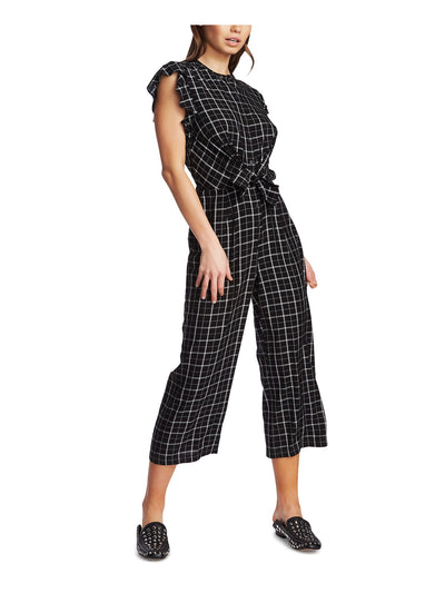 1. STATE Womens Black Ruffle Sleeve Plaid Cap Sleeve Button Up Cropped Jumpsuit 8