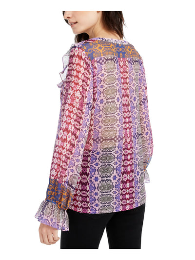 NANETTE LEPORE Womens Purple Ruffled Sheer Nordic Long Sleeve V Neck Blouse L