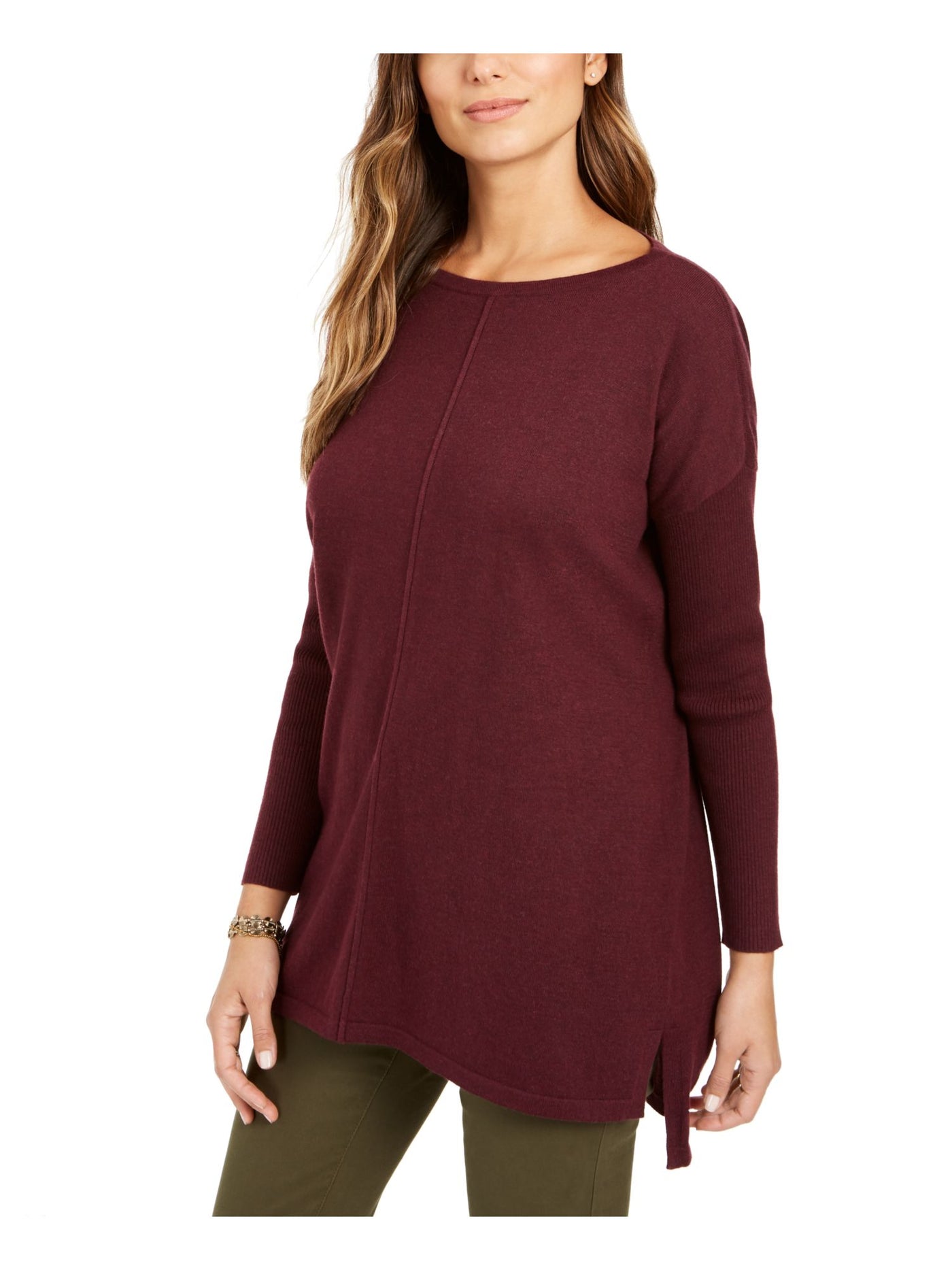 STYLE & COMPANY Womens Burgundy Vented Hem Long Sleeve Wear To Work Tunic Sweater Petites PP