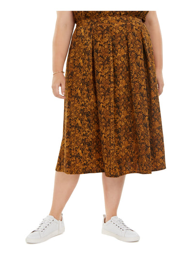 BAR III Womens Brown Printed Midi Pleated Skirt Plus 2X