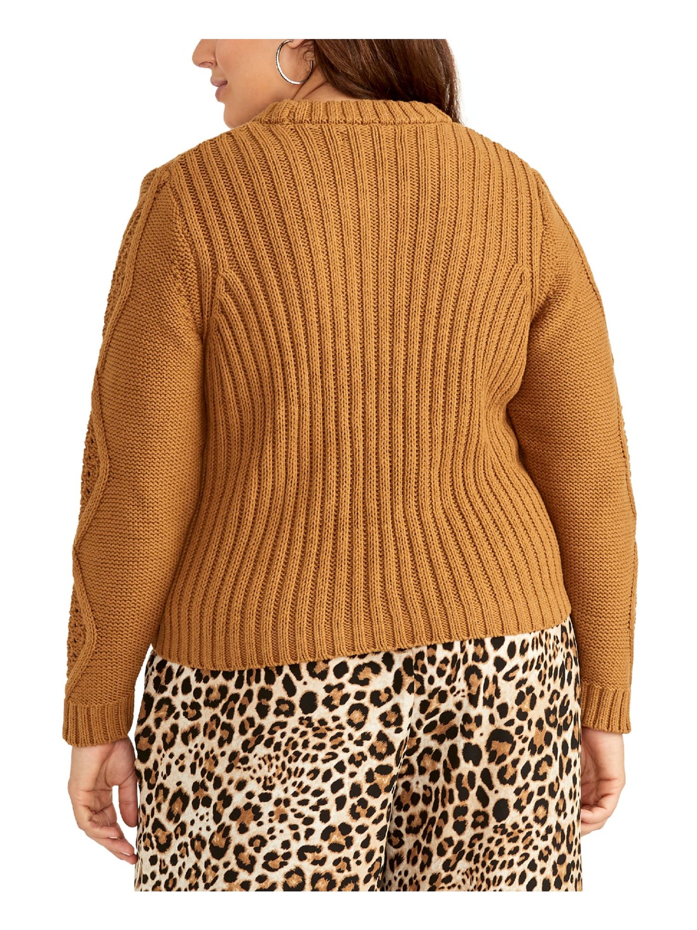 RACHEL RACHEL ROY Womens Brown Ribbed Textured Perforated Long Sleeve Crew Neck Sweater Plus 1X