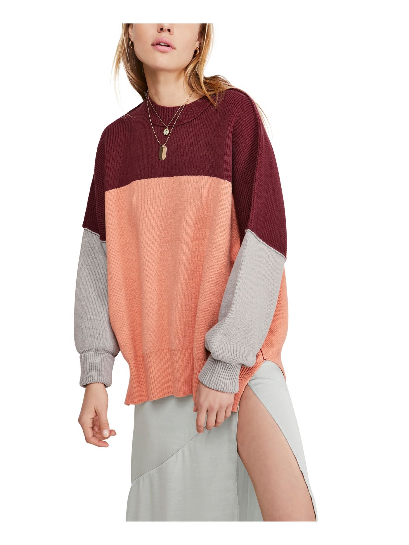 FREE PEOPLE Womens Burgundy Color Block Long Sleeve T-Shirt Size: XS