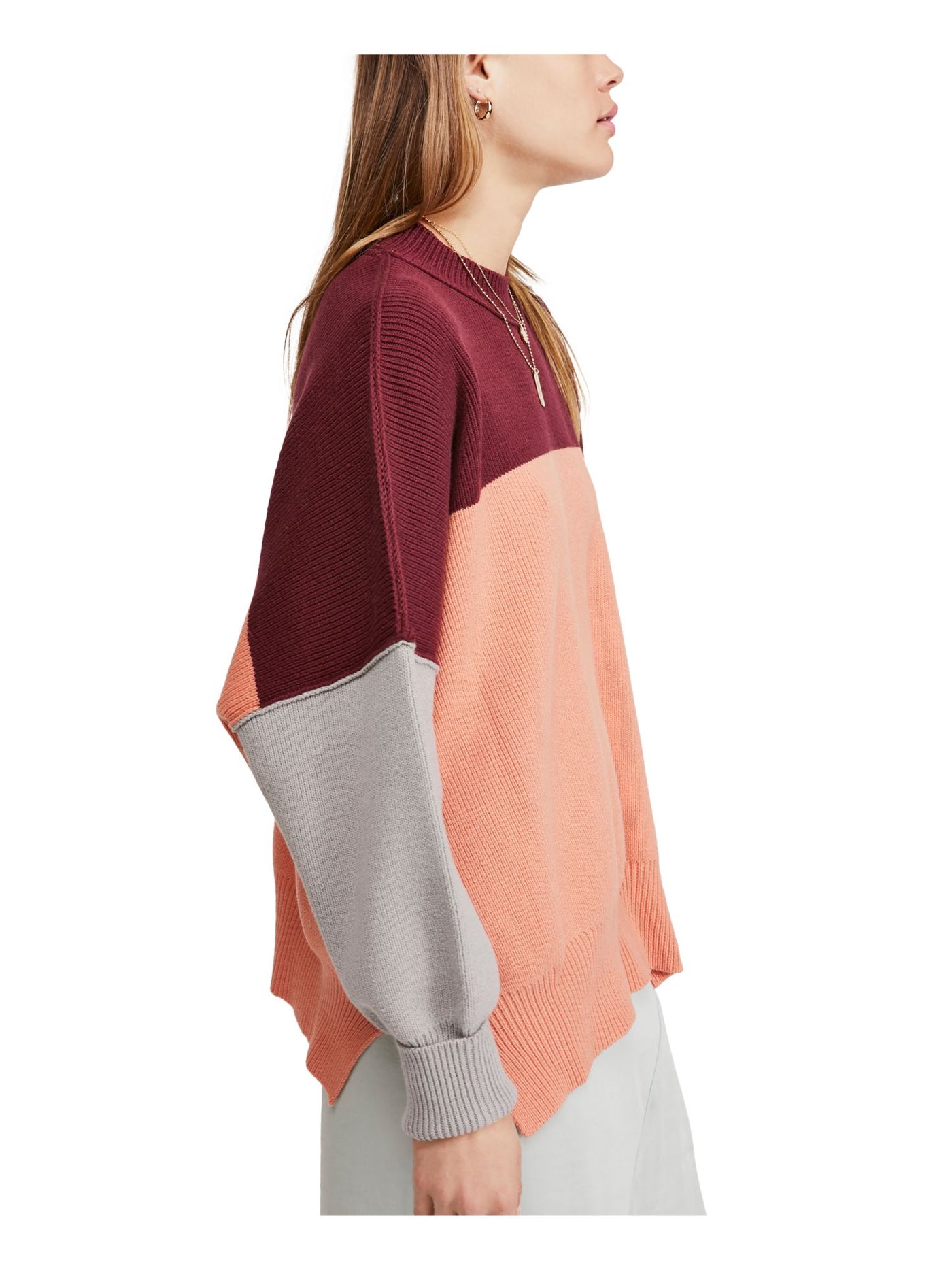 FREE PEOPLE Womens Burgundy Color Block Long Sleeve T-Shirt Size: XS