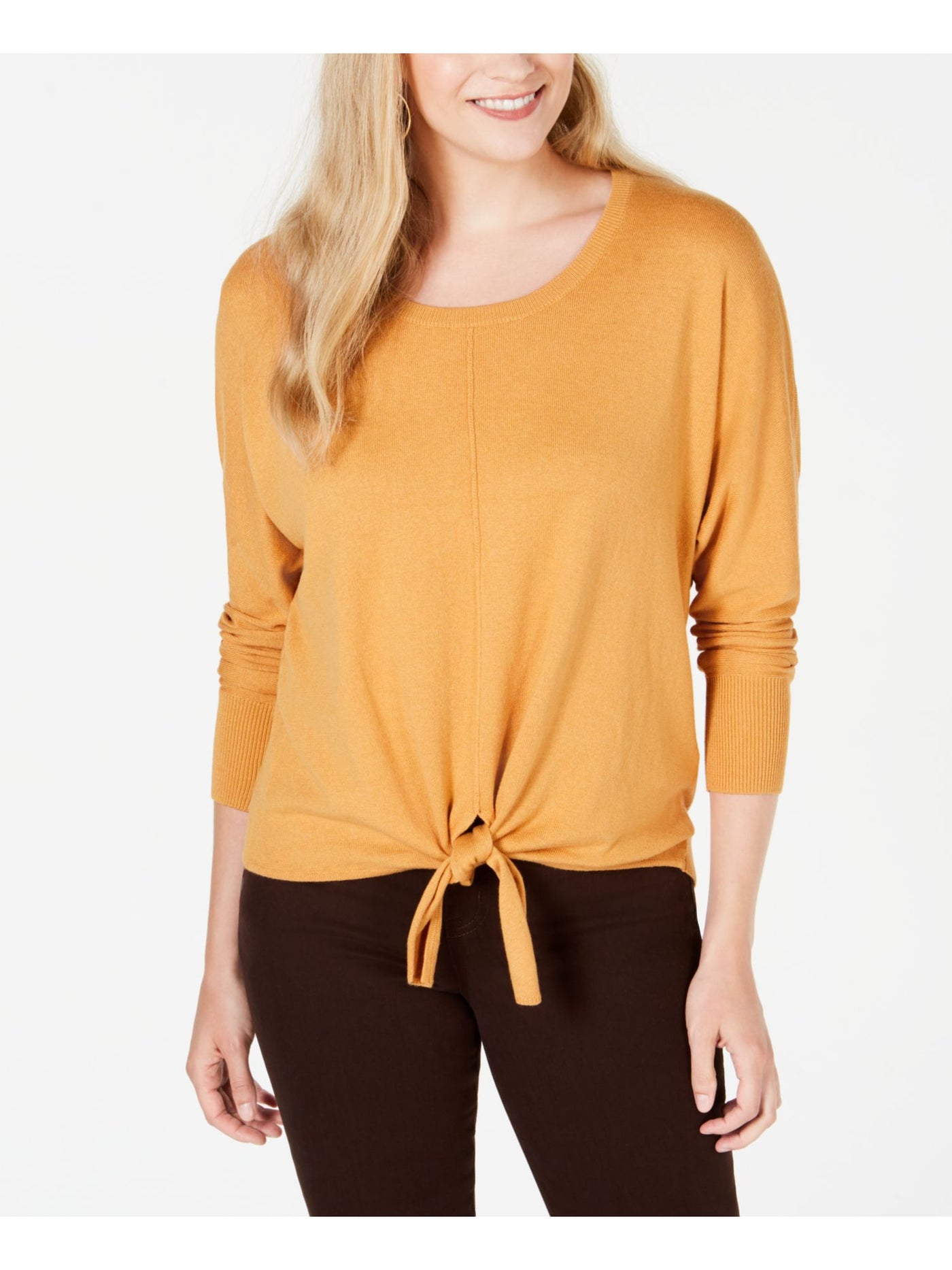 STYLE & COMPANY Womens Gold Tie-hem, Seam Front And Back Long Sleeve Scoop Neck Sweater XL