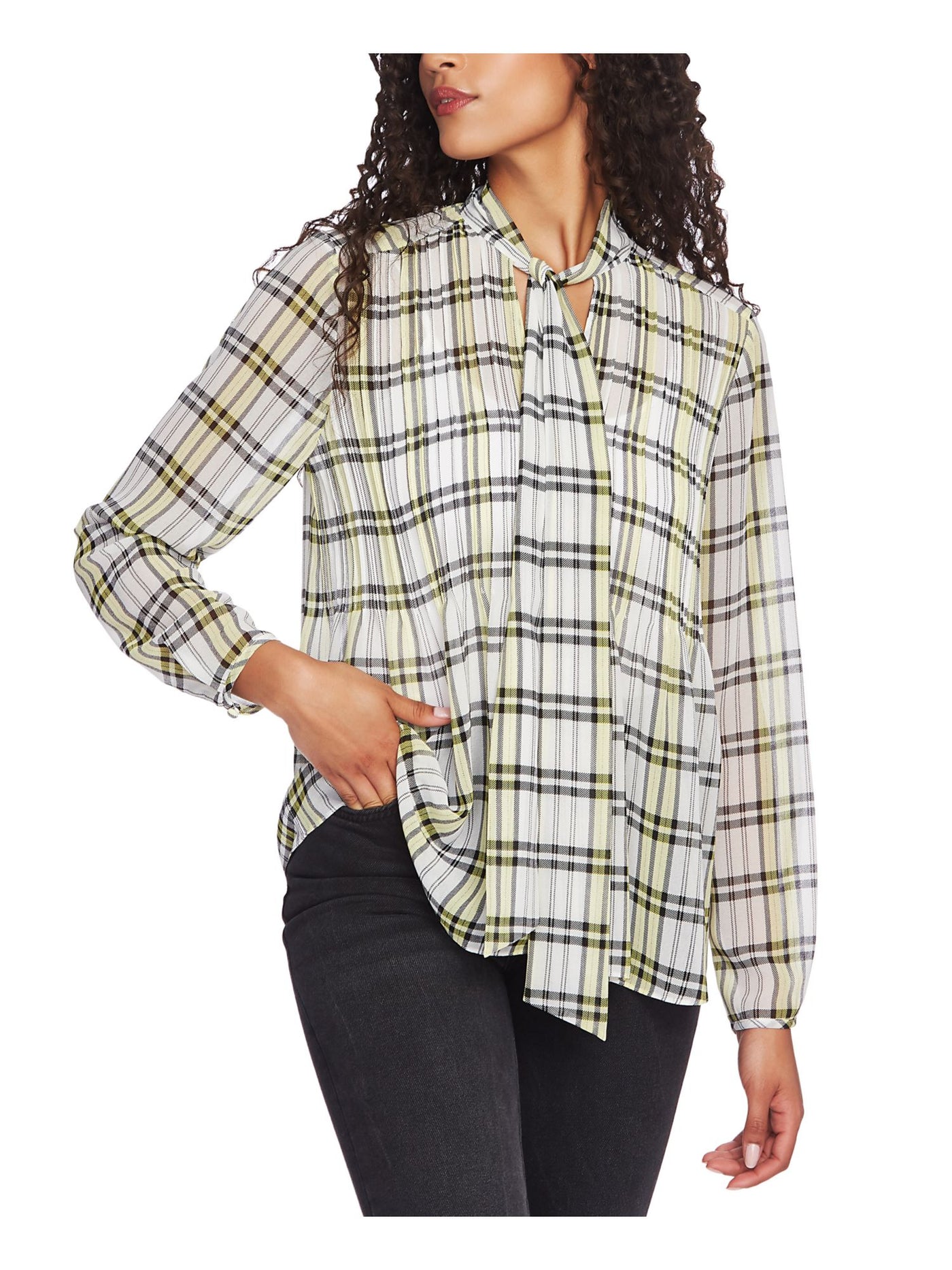 1. STATE Womens Yellow Plaid Long Sleeve Button Up Top Size: XS