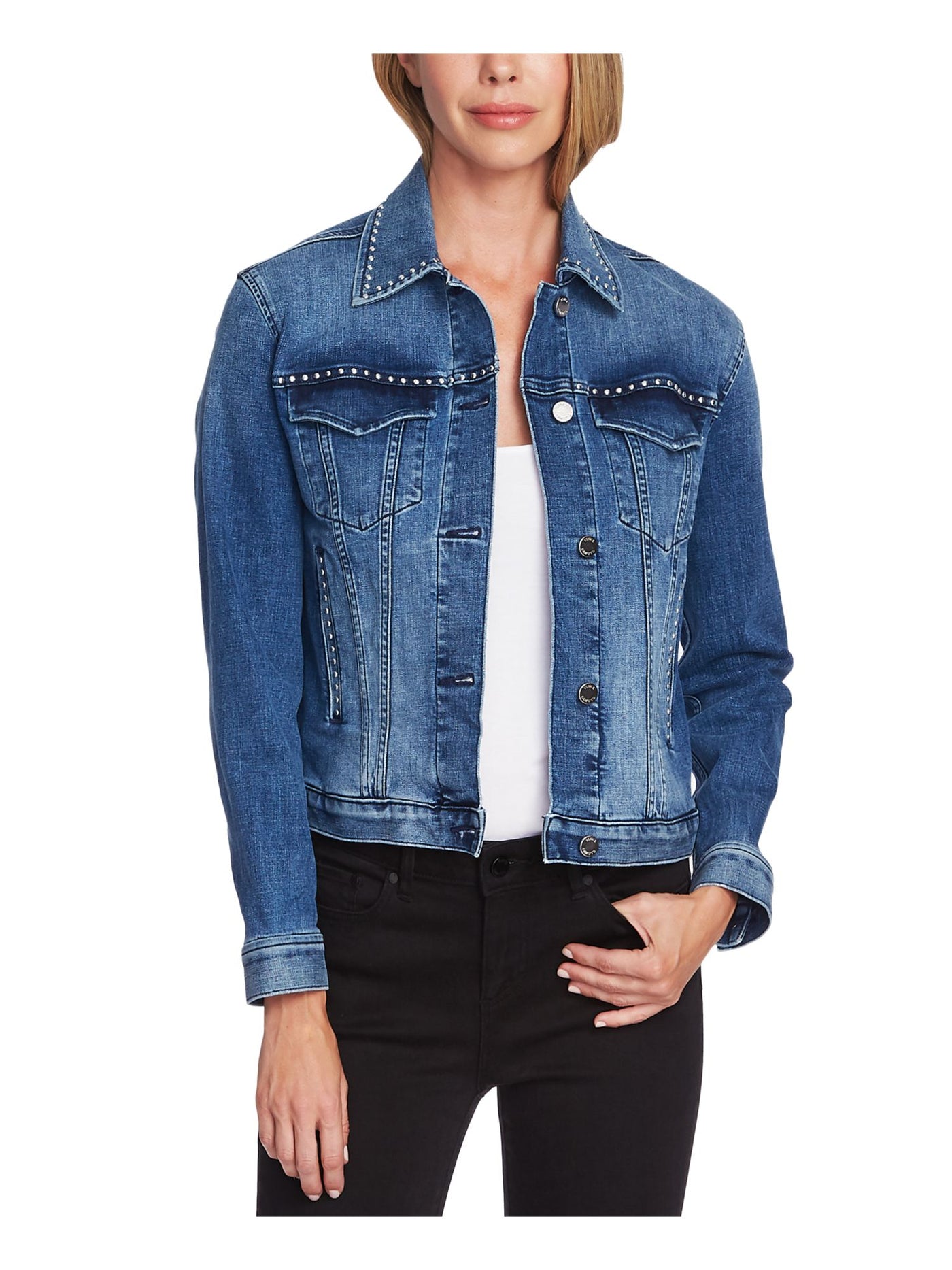 TWO BY VINCE CAMUTO Womens Blue Embellished Denim Jacket Size: XXS