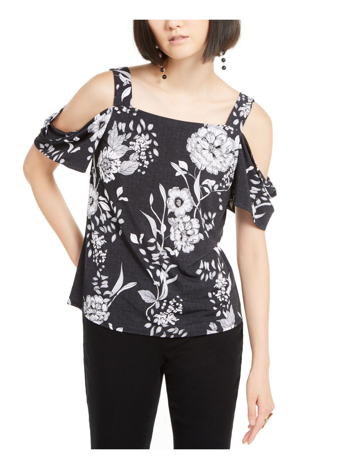 INC Womens Black Floral Spaghetti Strap Square Neck T-Shirt Size: XS