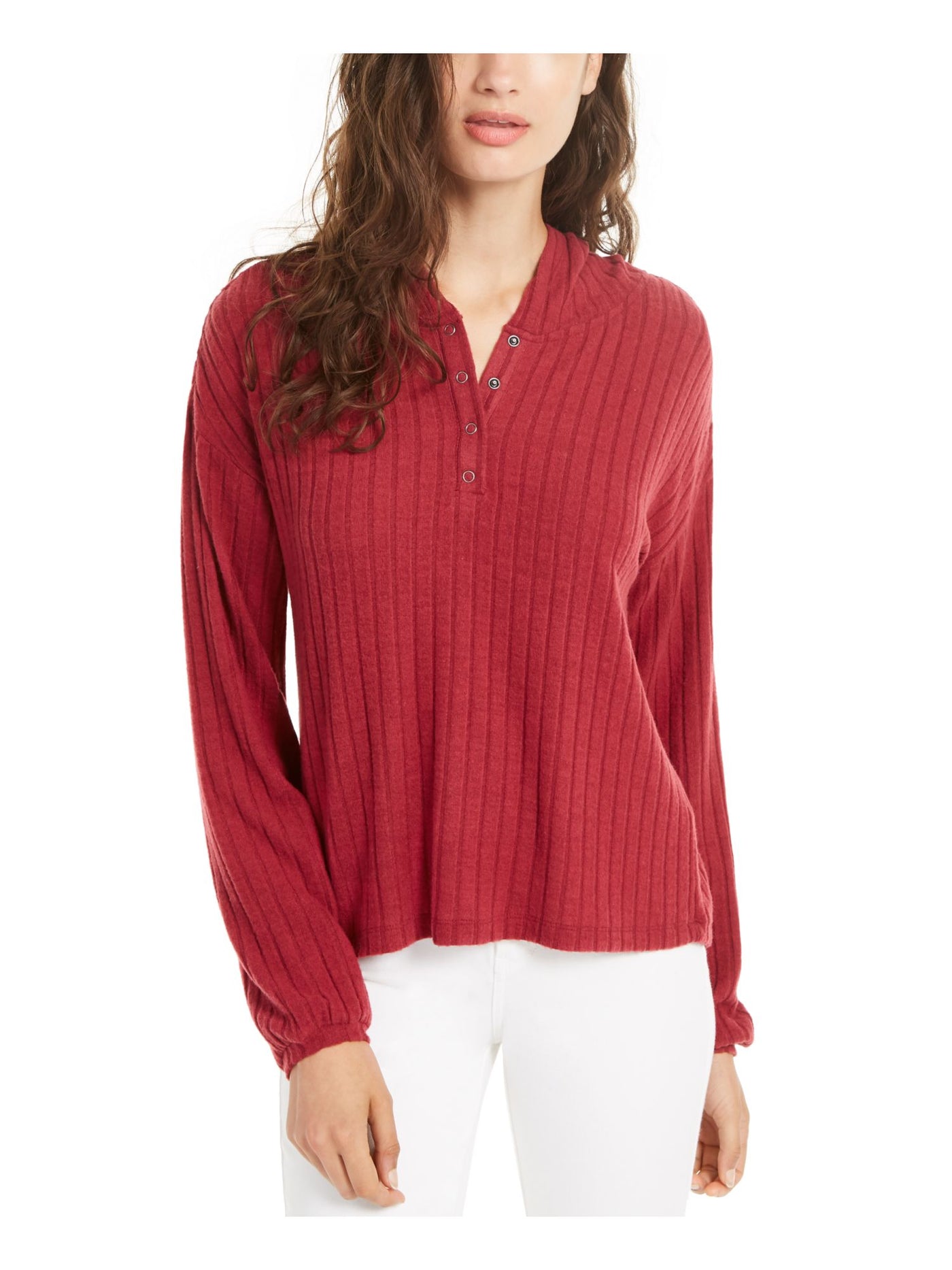 ULTRA FLIRT Womens Red Henley Long Sleeve Hoodie Sweater Juniors L