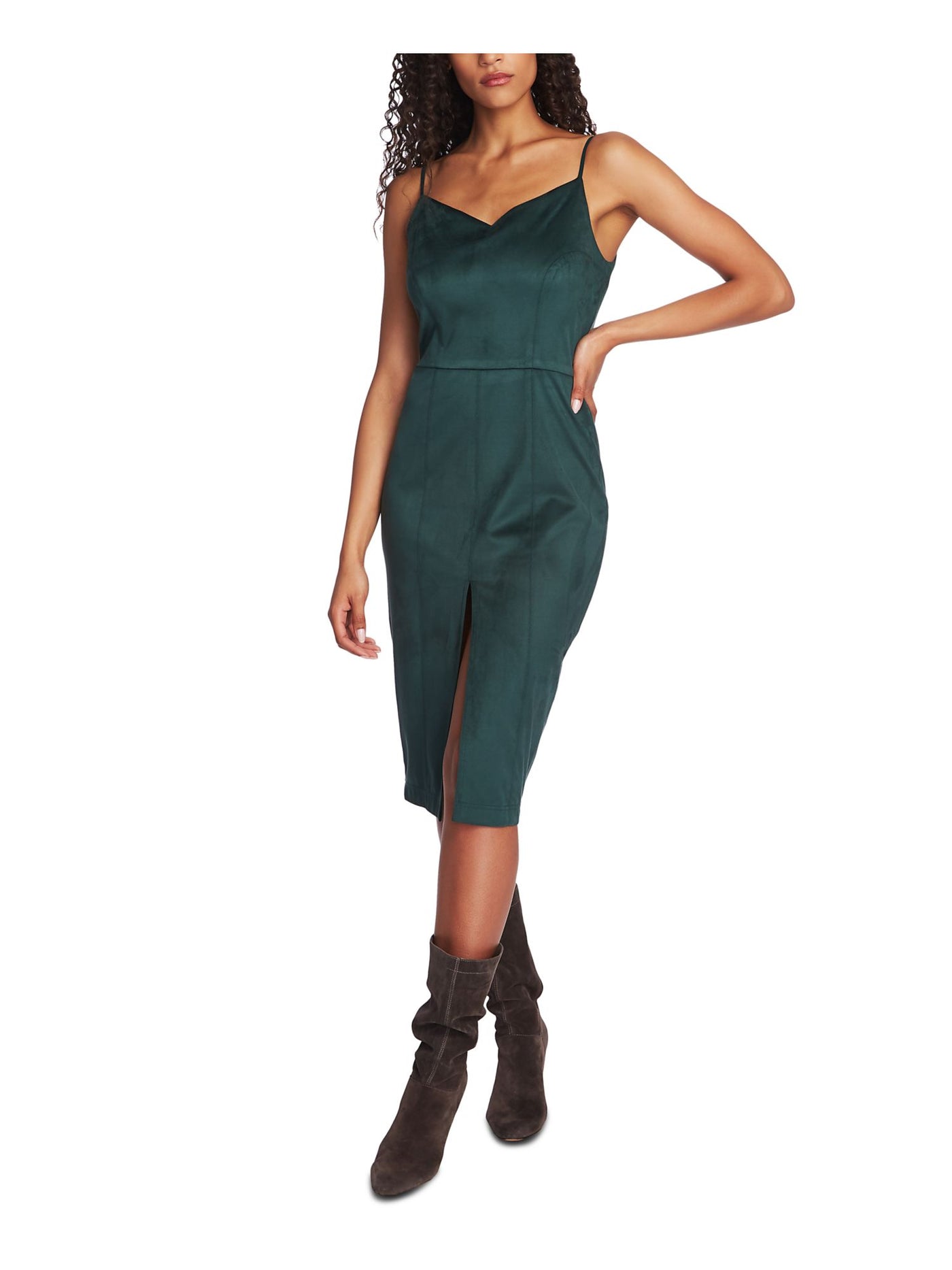 1. STATE Womens Green Slitted Spaghetti Strap V Neck Midi Party Dress Size: 4