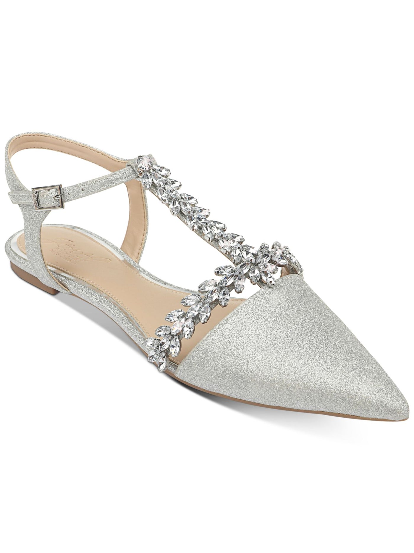 JEWEL BADGLEY MISCHKA Womens Silver Silver Glitter Chunk Rhinestone Embellished Adjustable Strap T-Strap Rae Pointed Toe Block Heel Buckle Dress Shoes 6.5 M