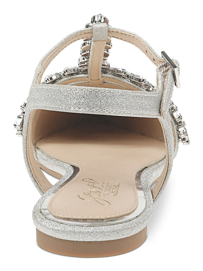 JEWEL BADGLEY MISCHKA Womens Silver Silver Glitter Chunk Rhinestone Embellished Adjustable Strap T-Strap Rae Pointed Toe Block Heel Buckle Dress Shoes 6.5 M