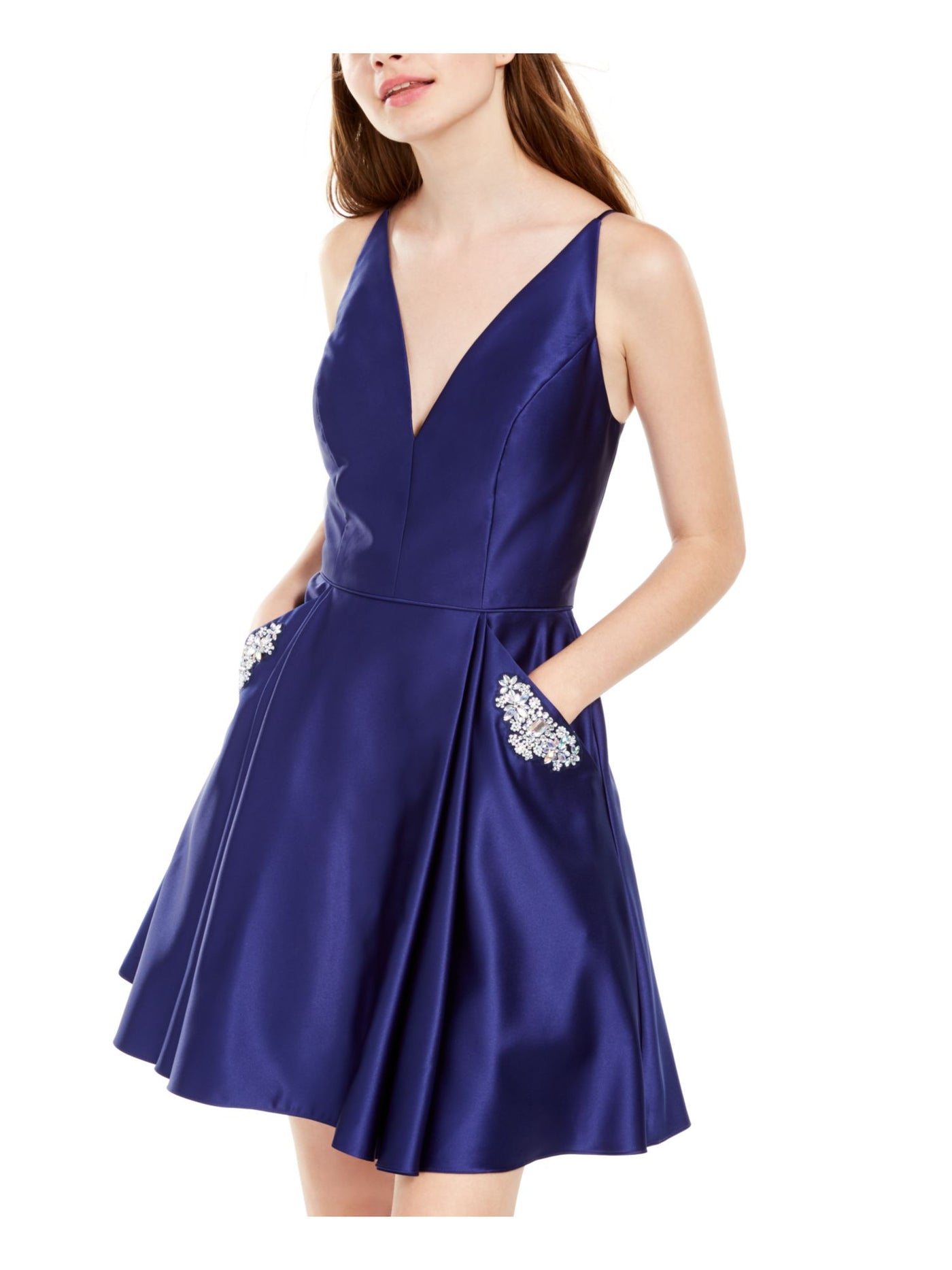 BLONDIE Womens Blue Spaghetti Strap V Neck Mini Party Fit + Flare Dress Juniors 9