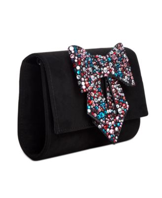 INC Women's Black Beaded Suede Bow Chain Strap Clutch Handbag Purse